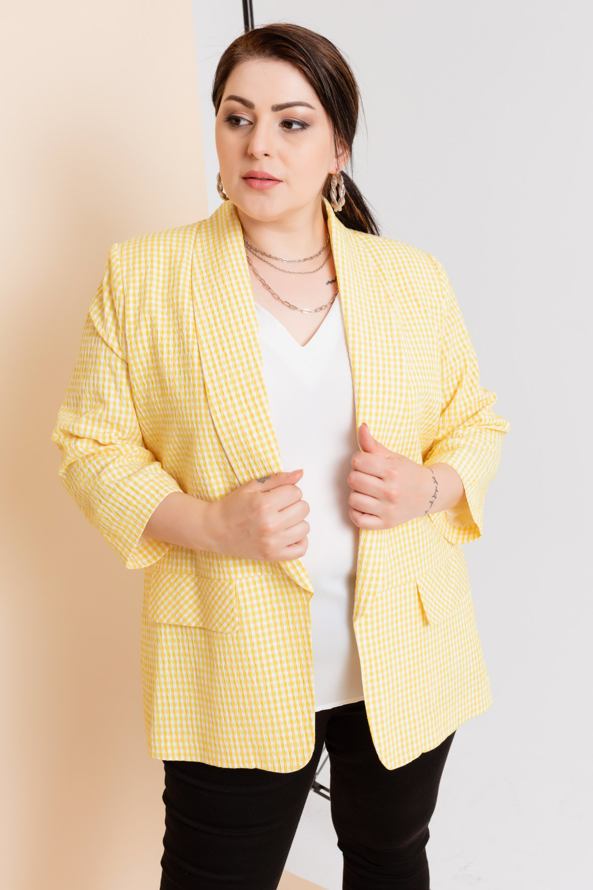 Women's Yellow Plus Size Gingham Jacket