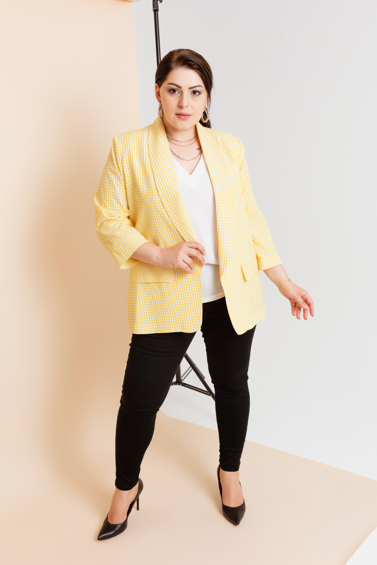 Women's Yellow Plus Size Gingham Jacket