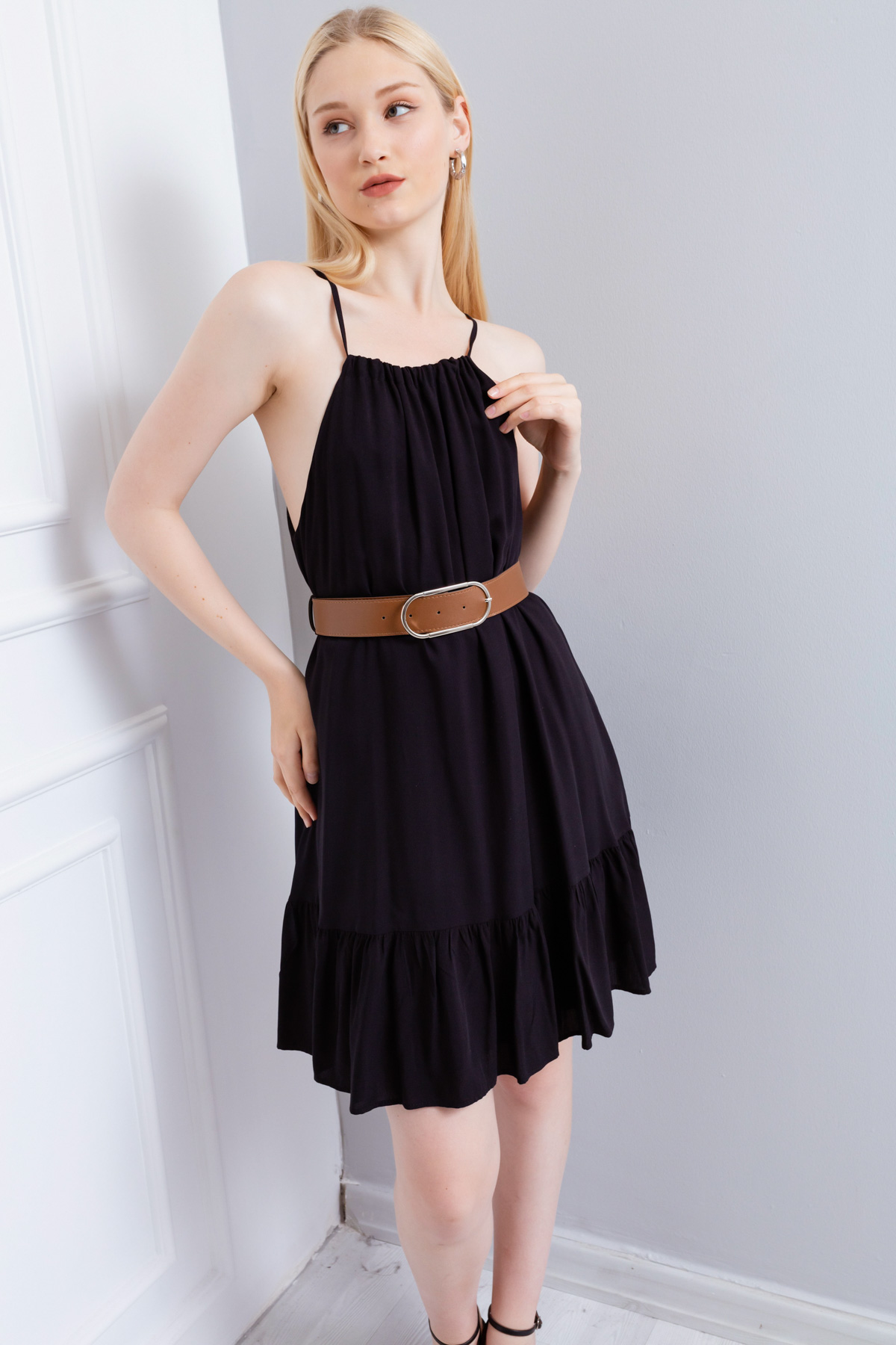 Women's Black Strap Dress With Belt - 21Y0128841