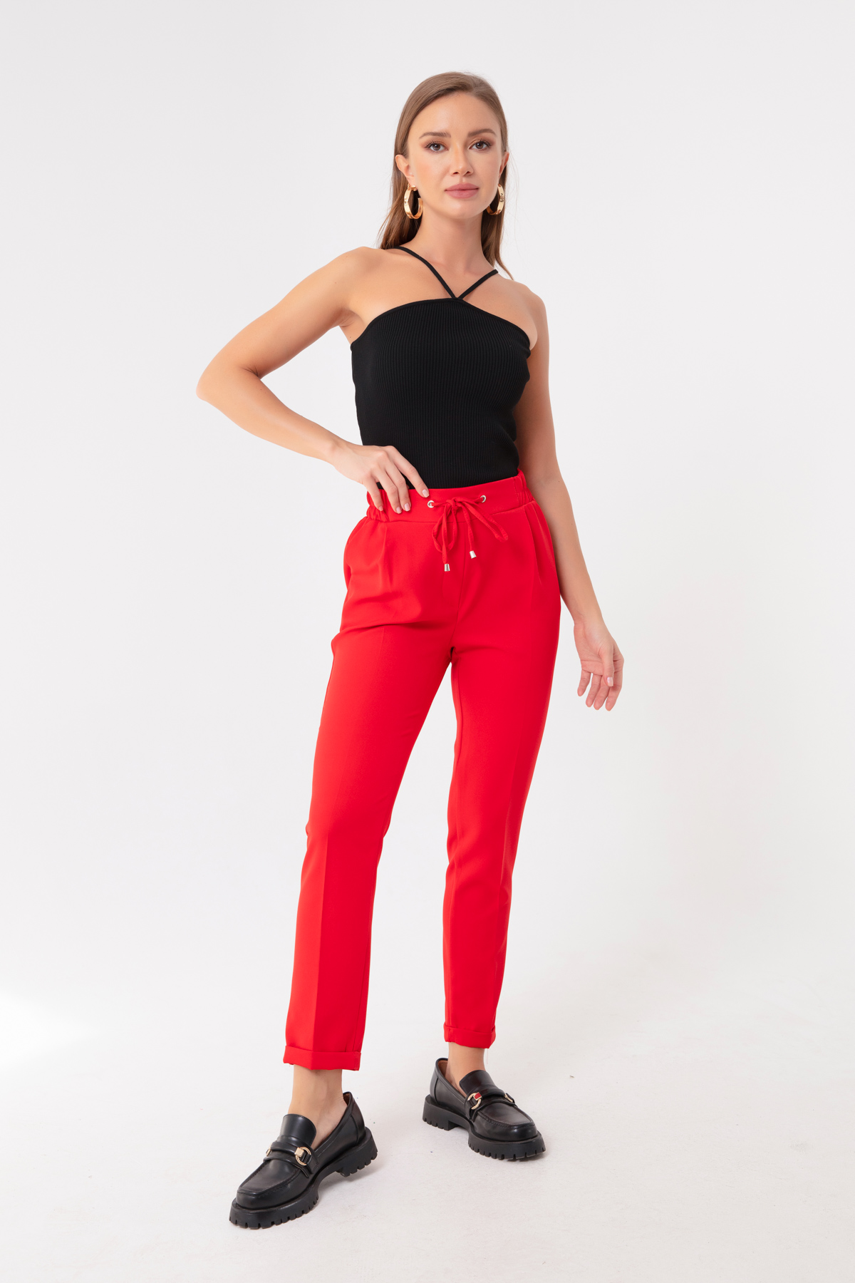 Women's Red Lace-Up Waist Trousers