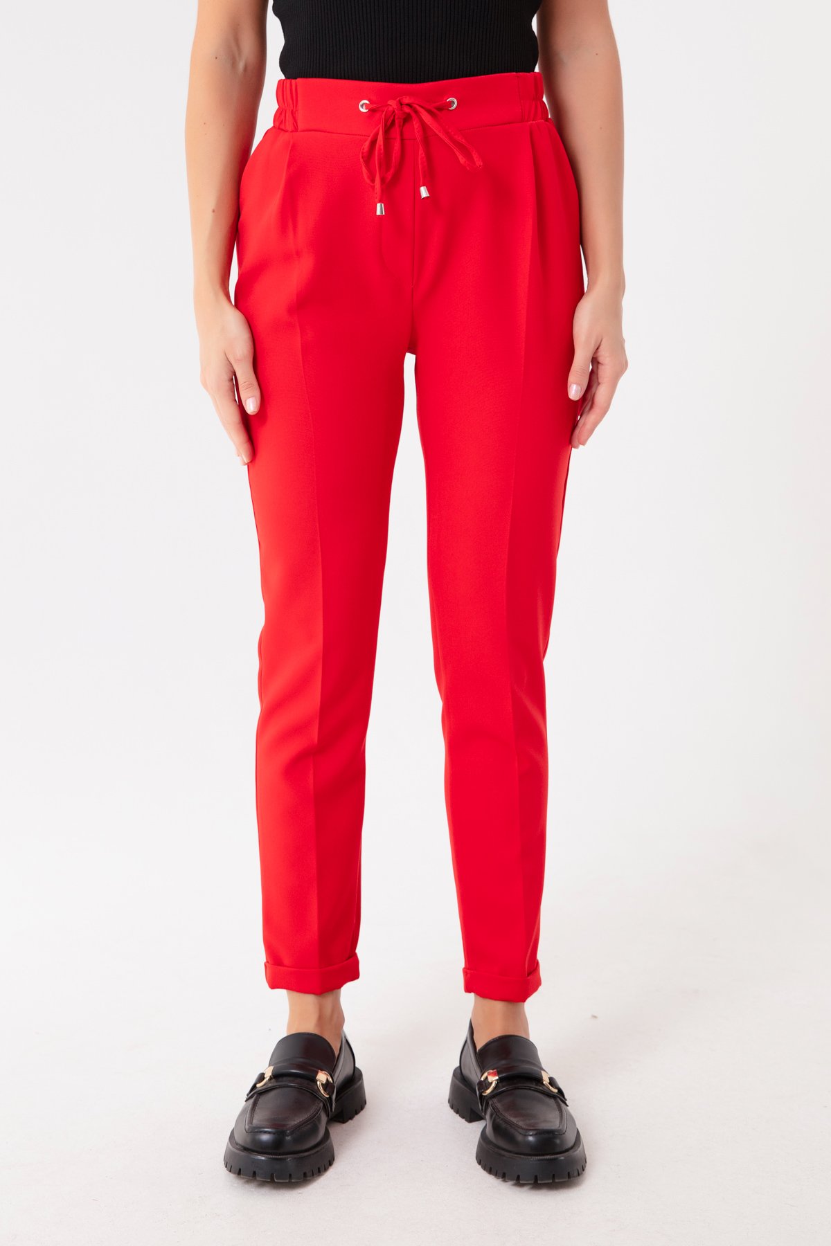 Women's Red Lace-Up Waist Trousers
