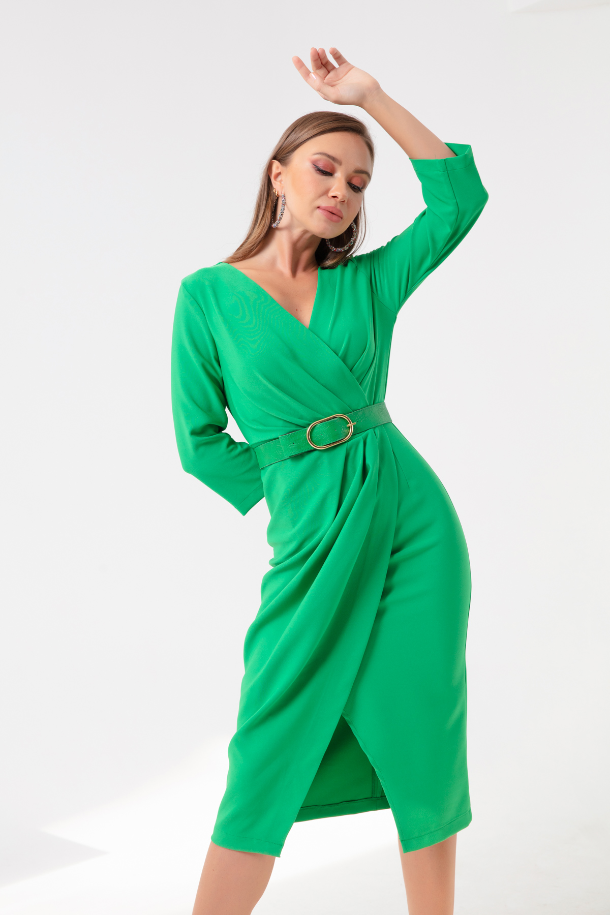Women's Green Pleat Detailed Midi Dress - 22K383098R18