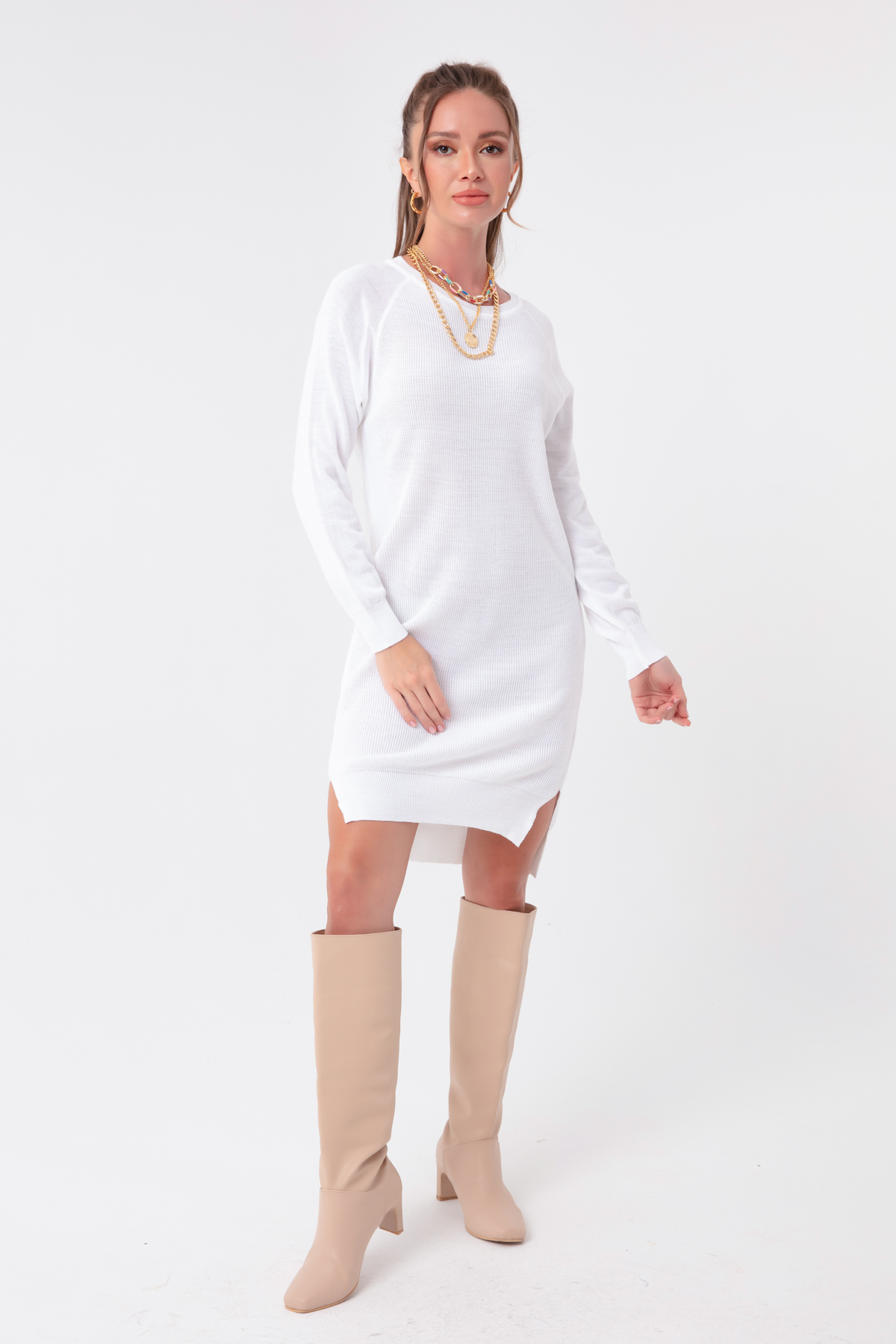 Women's White Slit Knitwear Dress