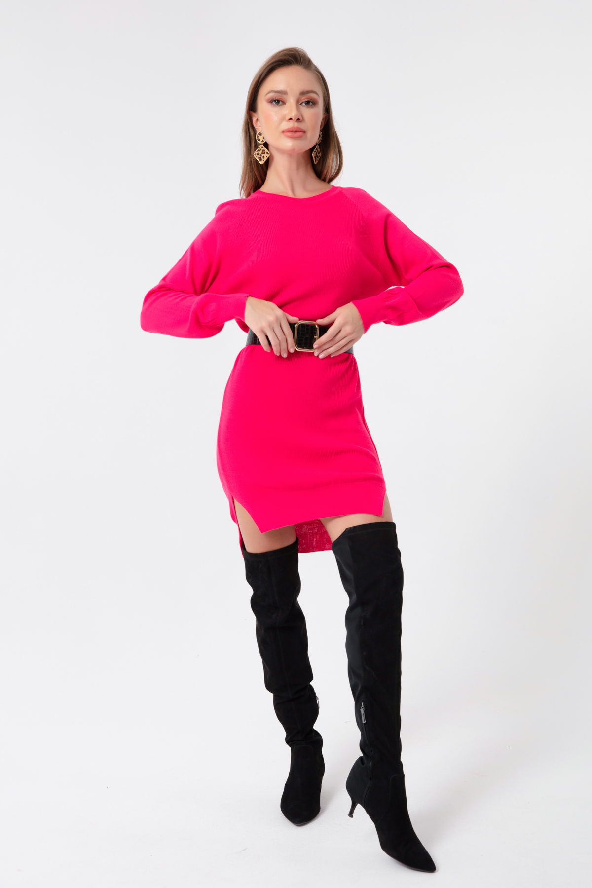 Women's Fuchsia Slit Knitwear Dress