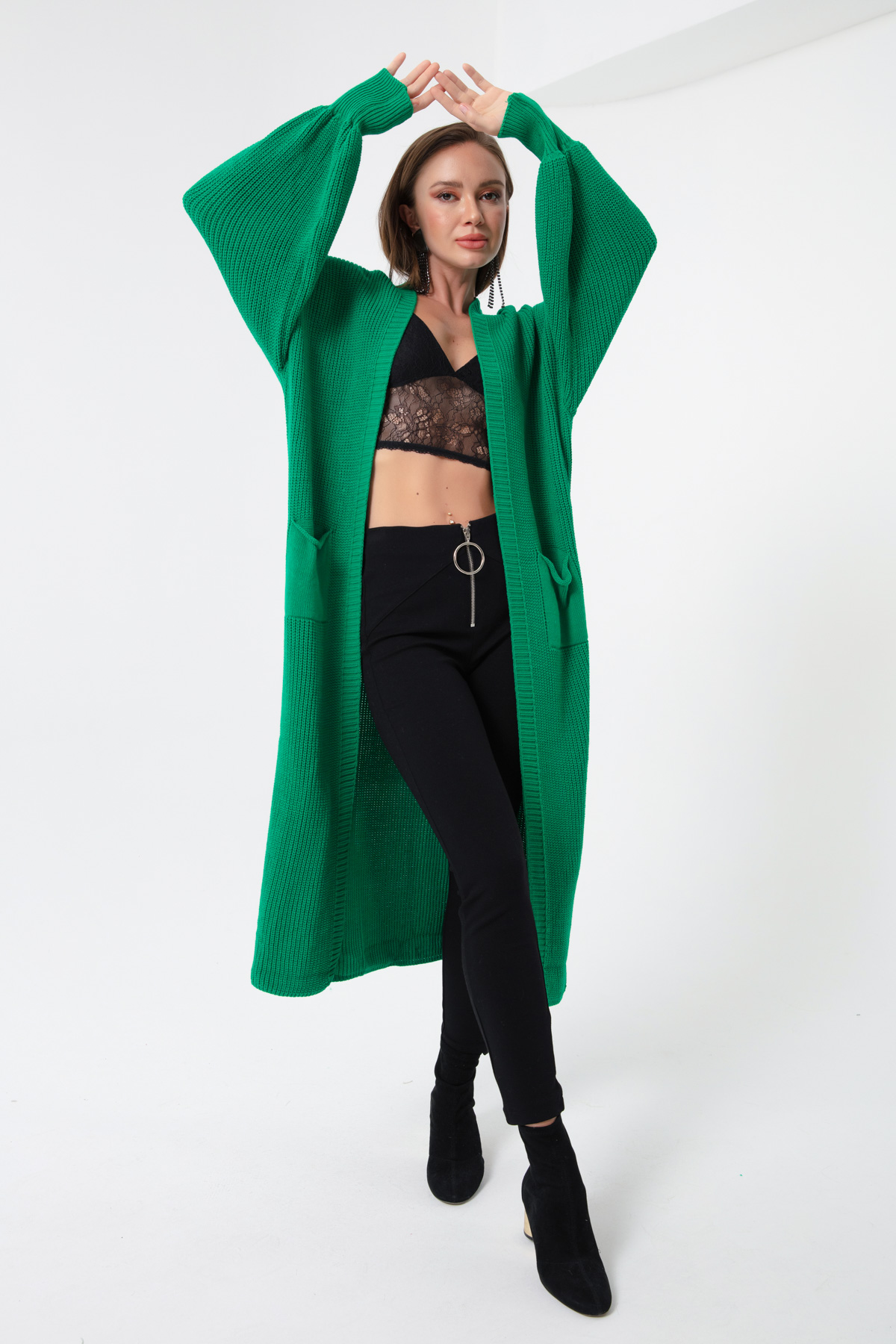 Women's Green Balloon Sleeve Cardigan