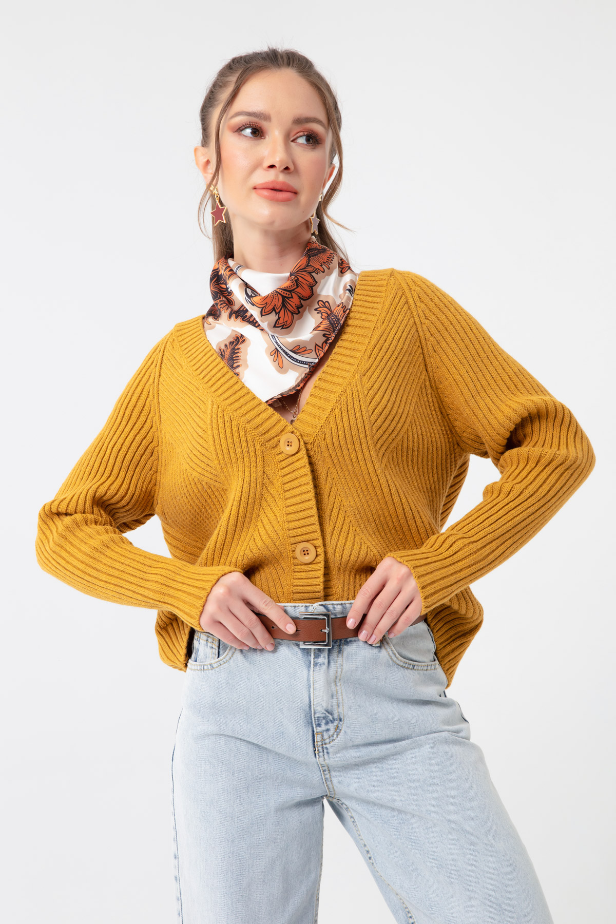 Women's Mustard Buttoned Cardigan - 22K131205R51