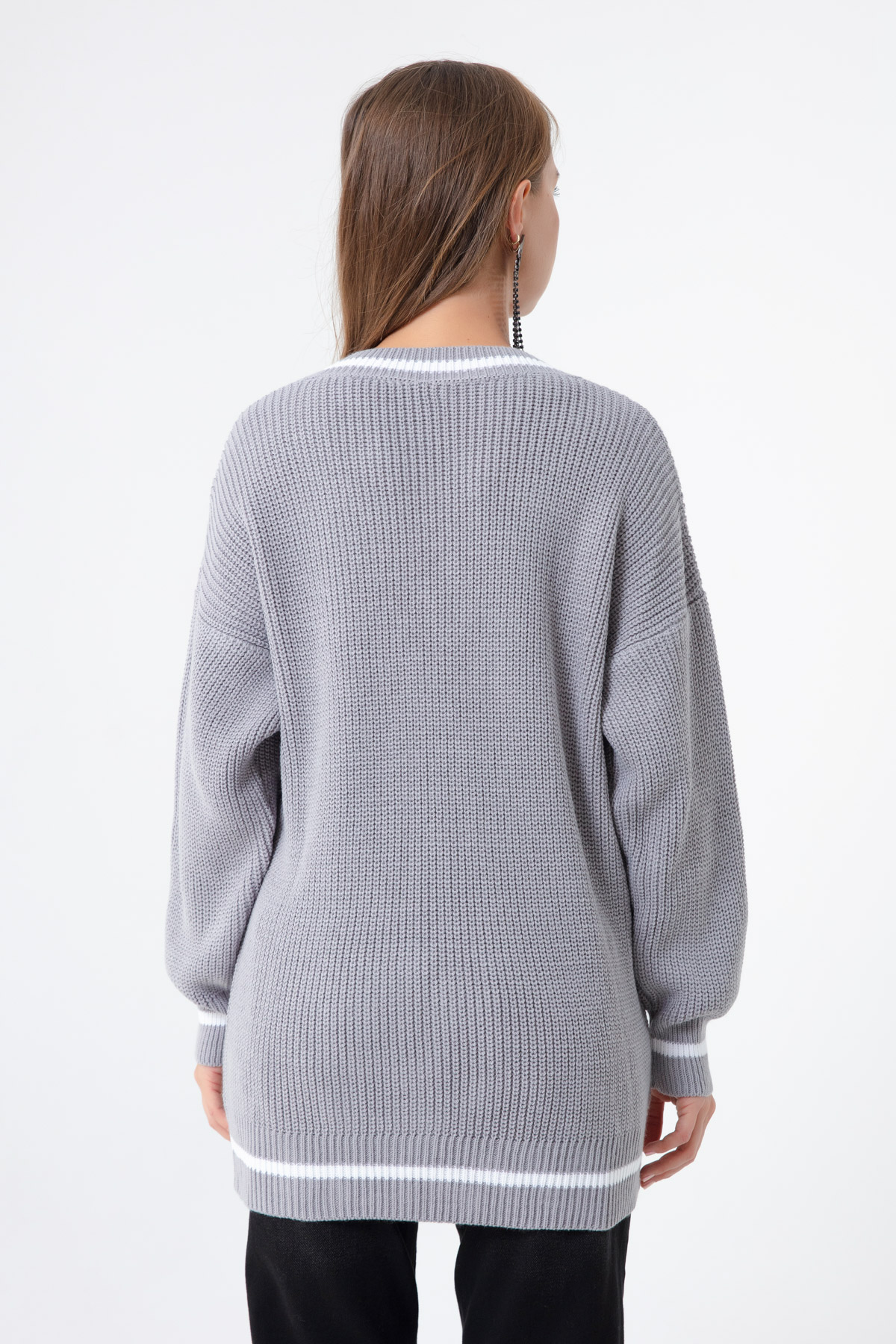 Women's Gray Collar Line Detailed Sweater