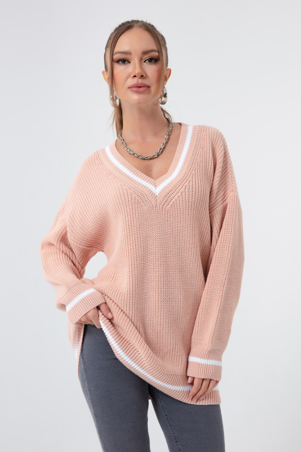 Women's Pink Collar Striped Detailed Sweater