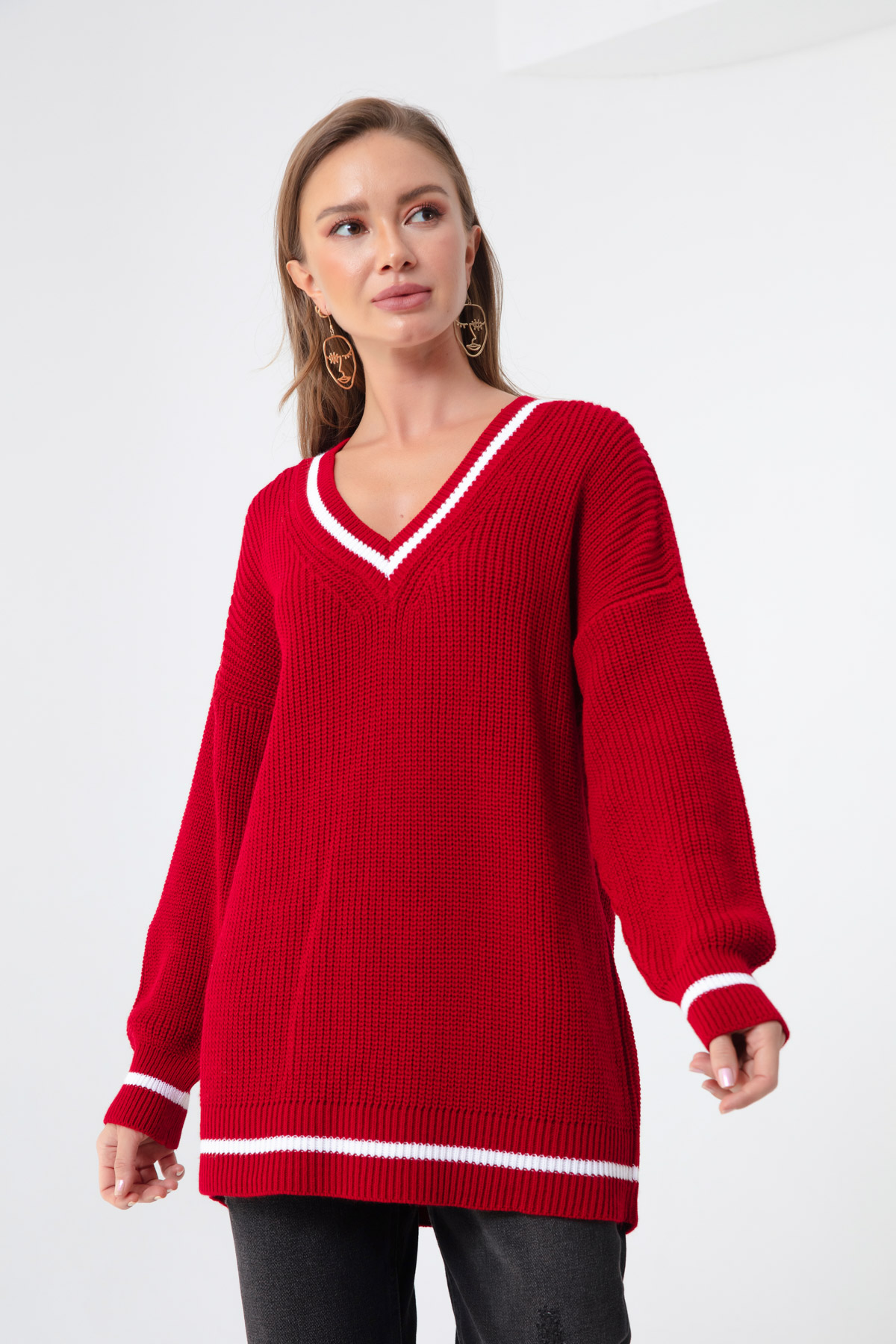 Women's Red Collar Striped Detailed Sweater