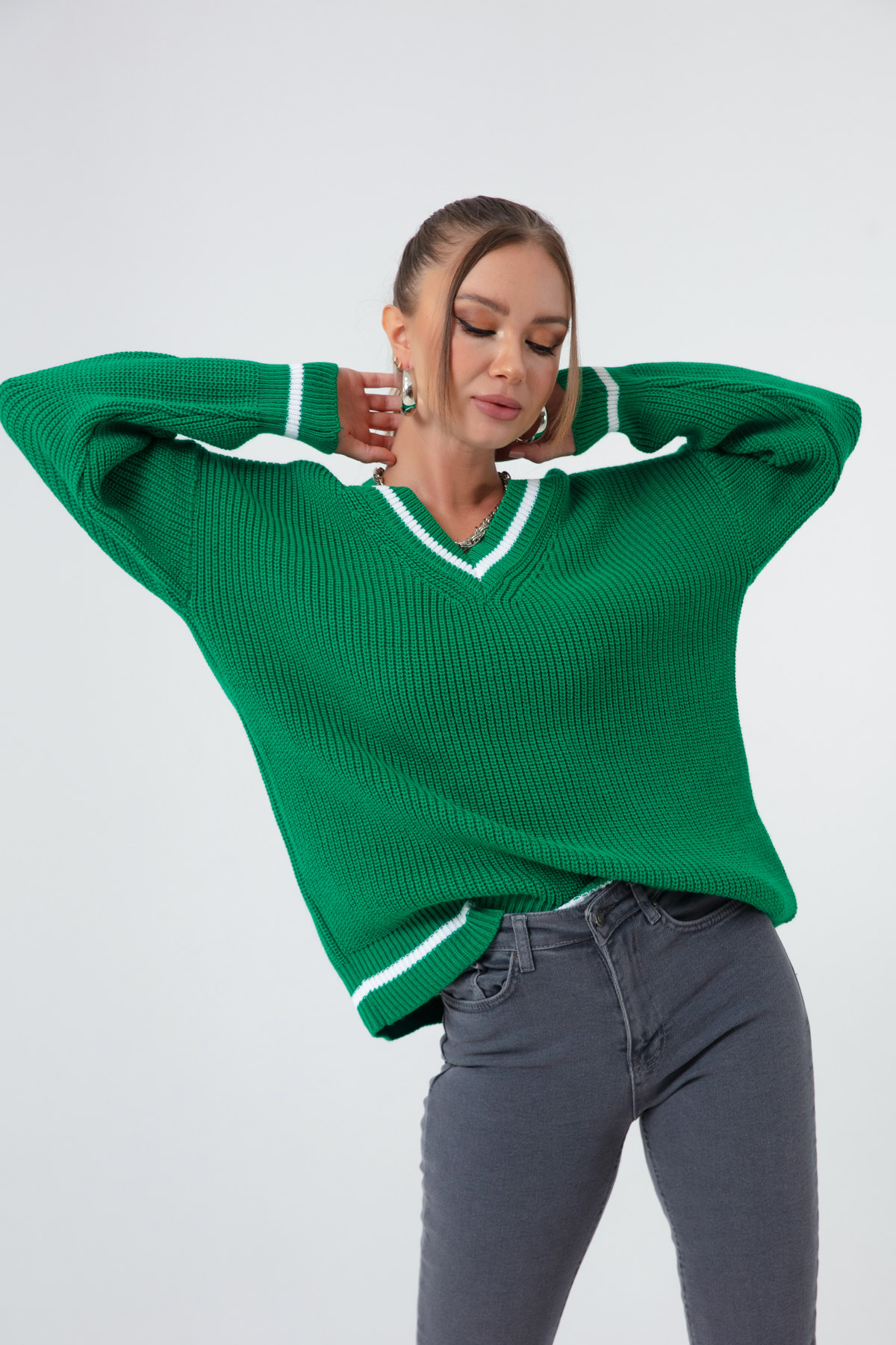 Women's Green Collar Line Detailed Sweater