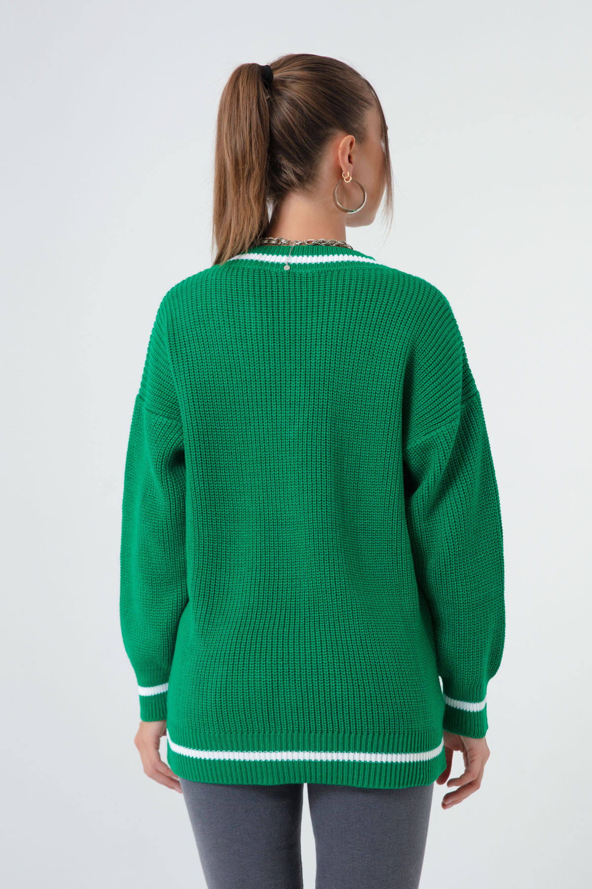 Women's Green Collar Line Detailed Sweater