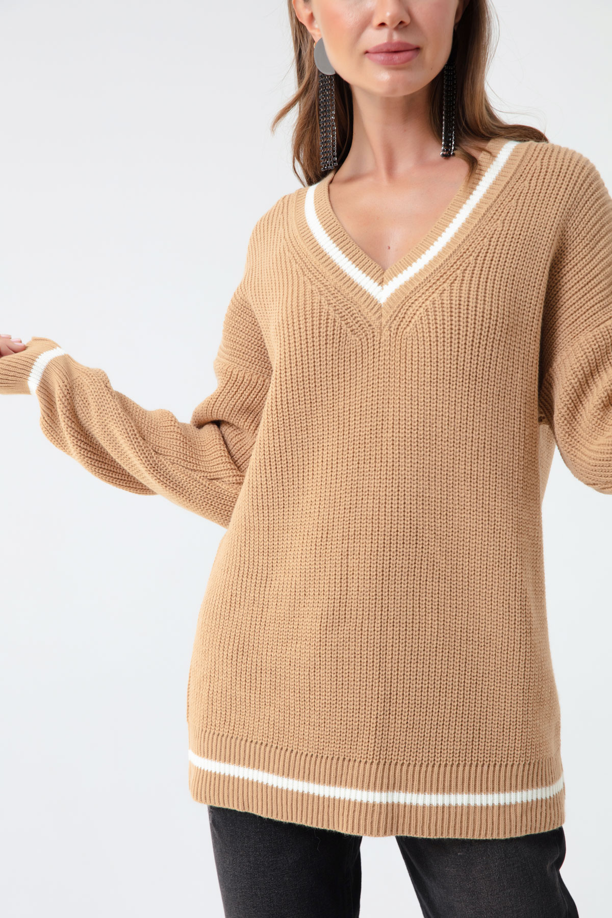 Women's Tan Collar Line Detailed Sweater