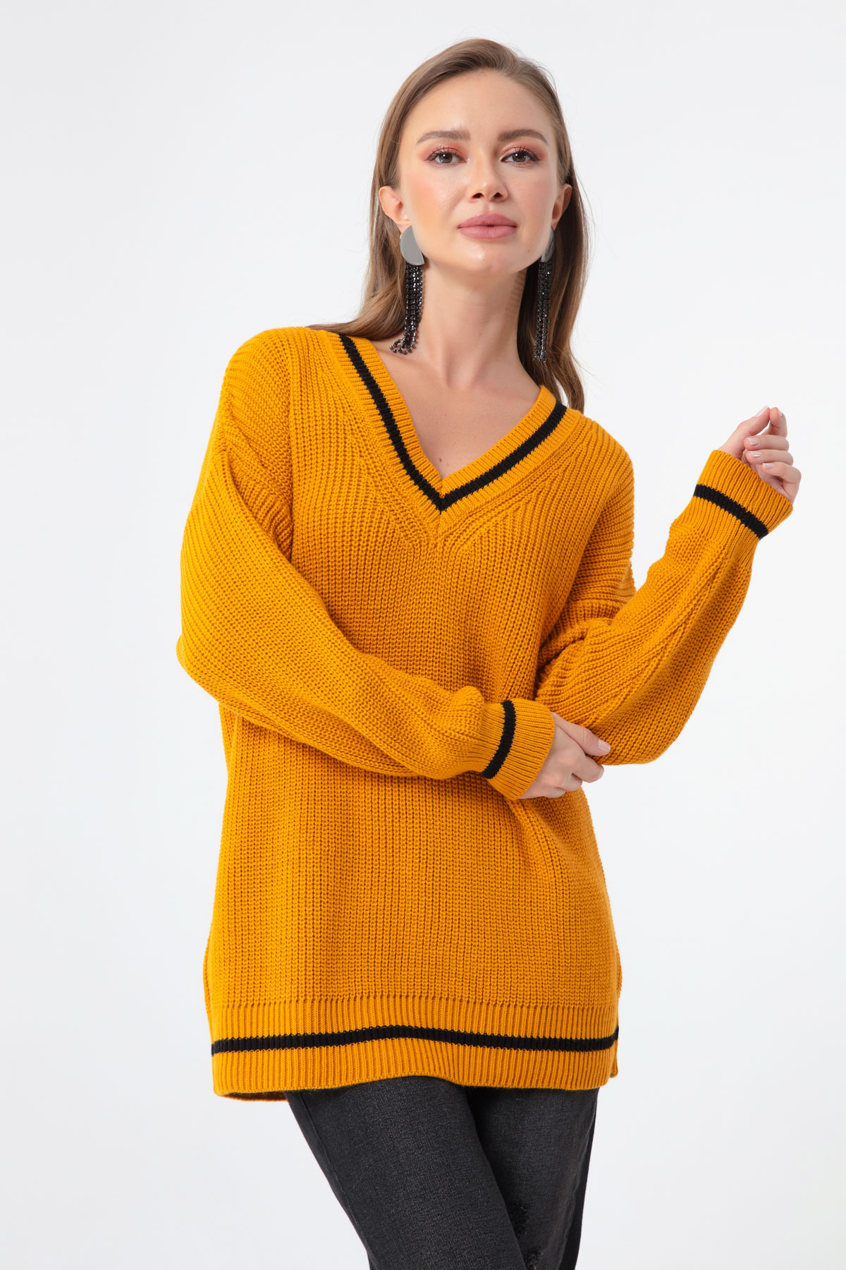 Women's Mustard Collar Striped Detailed Sweater