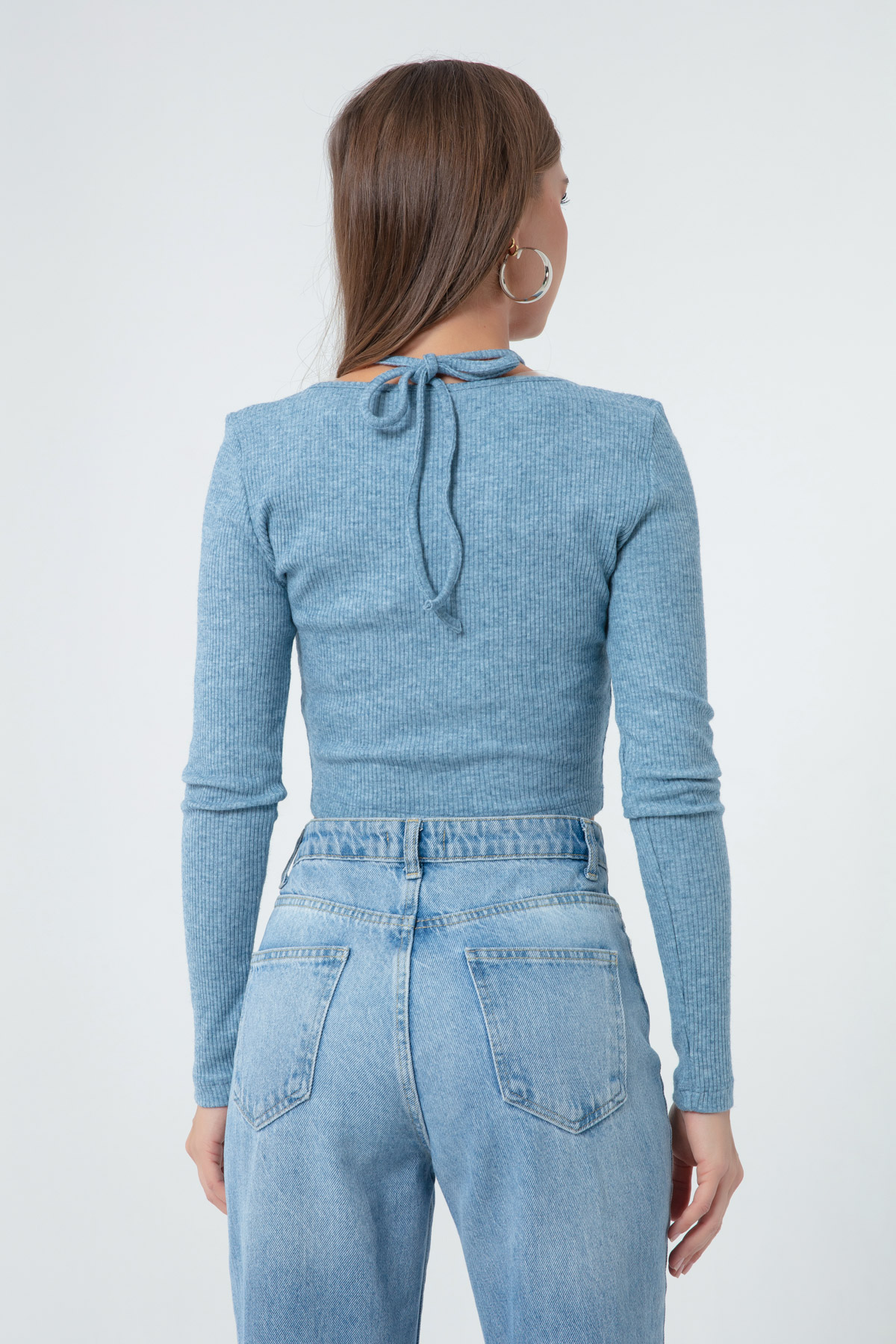 Women's Blue Long Sleeve Knitted Crop