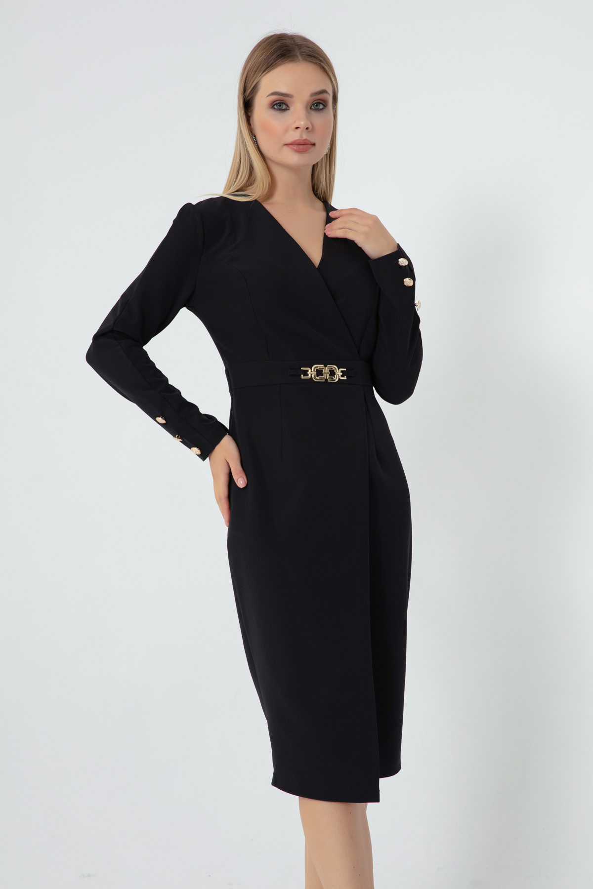 Women's Black Double Breasted Midi Dress - 22K012206R08