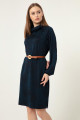 Women's Navy Blue Belted Knitted Dress
