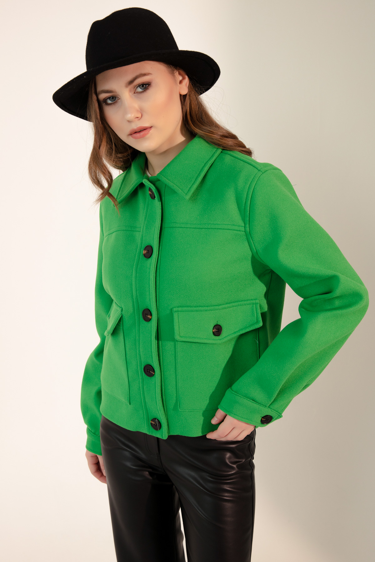 Women's Green Short Pocket Coat