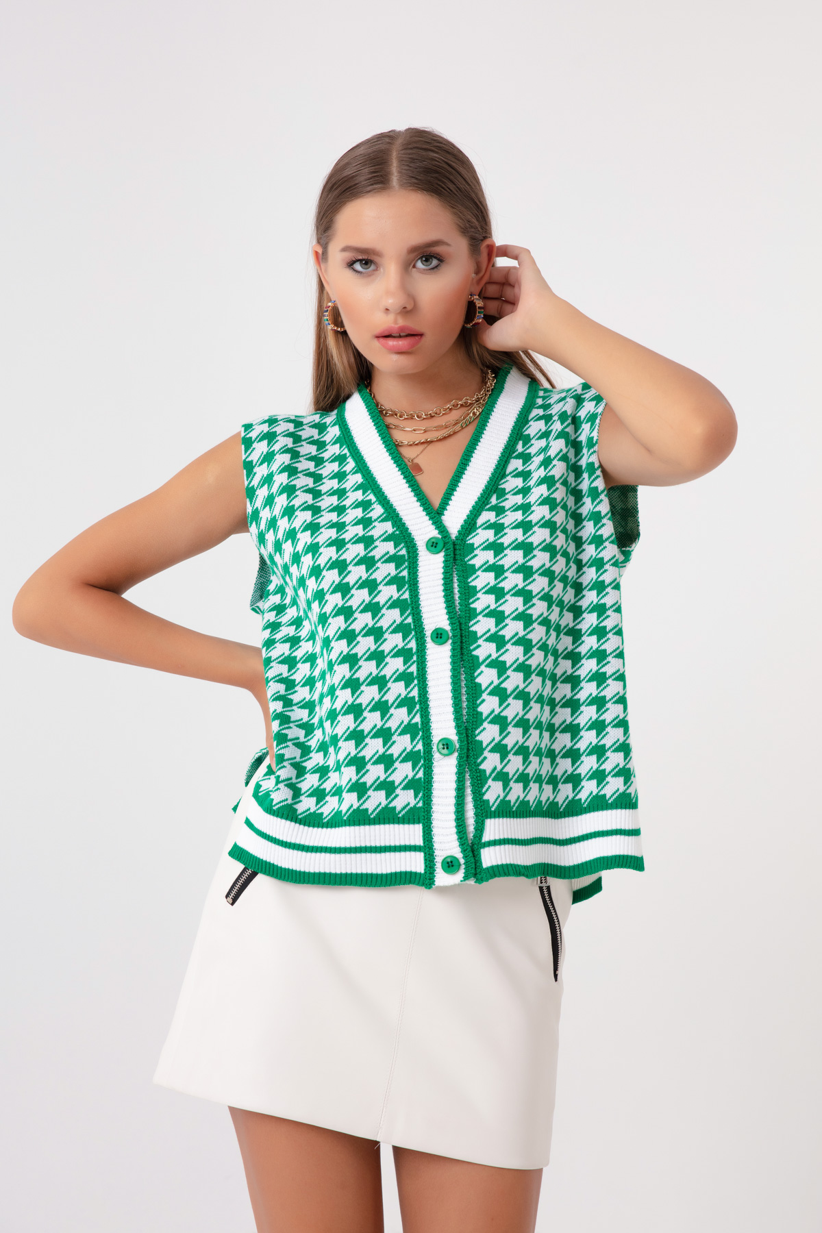 Women's Green Crowbar Patterned Vest