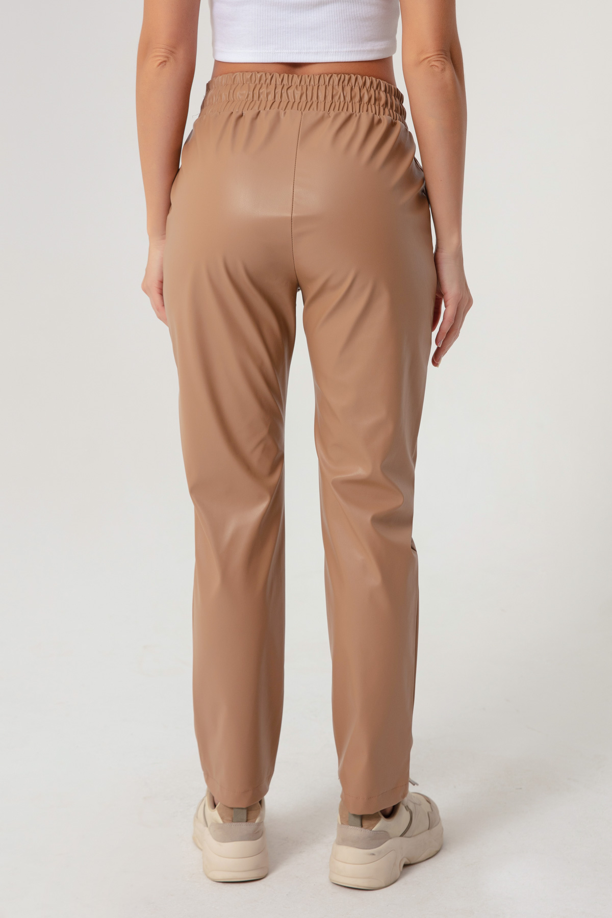 Women's Beige Elastic Leather Pants