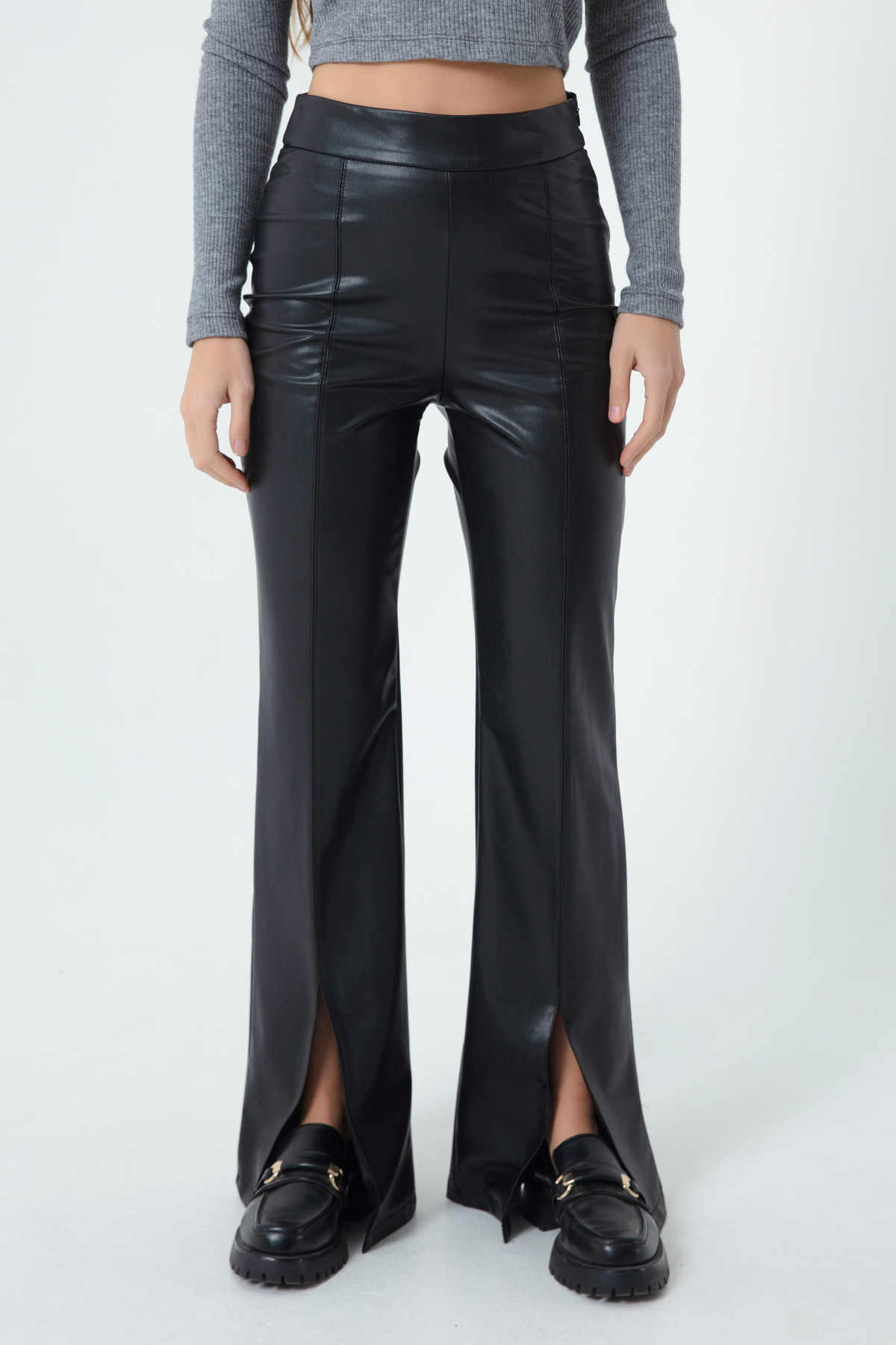 Women's Black Slit Leather Pants