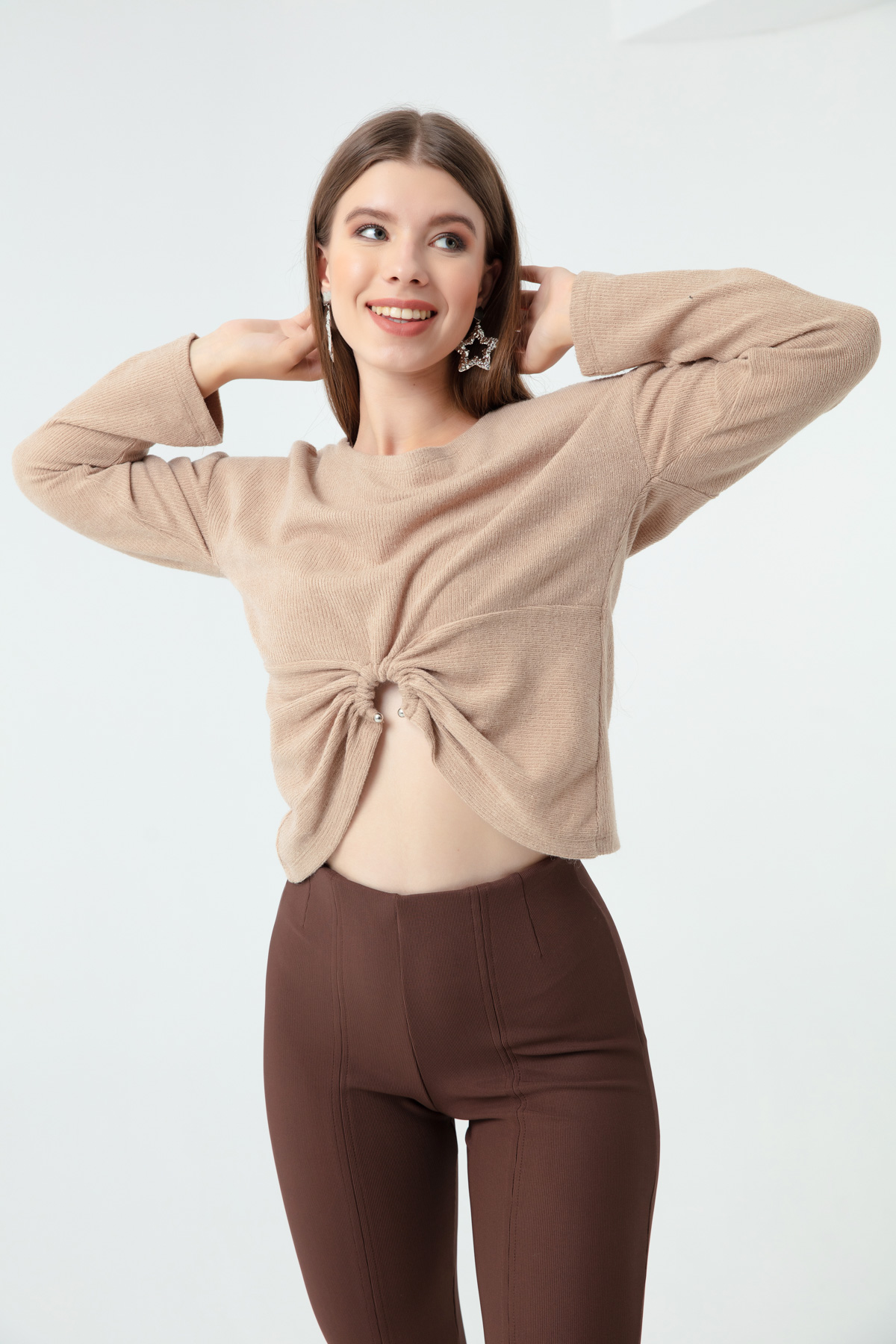 Women's Beige Accessory Detailed Knitted Sweater