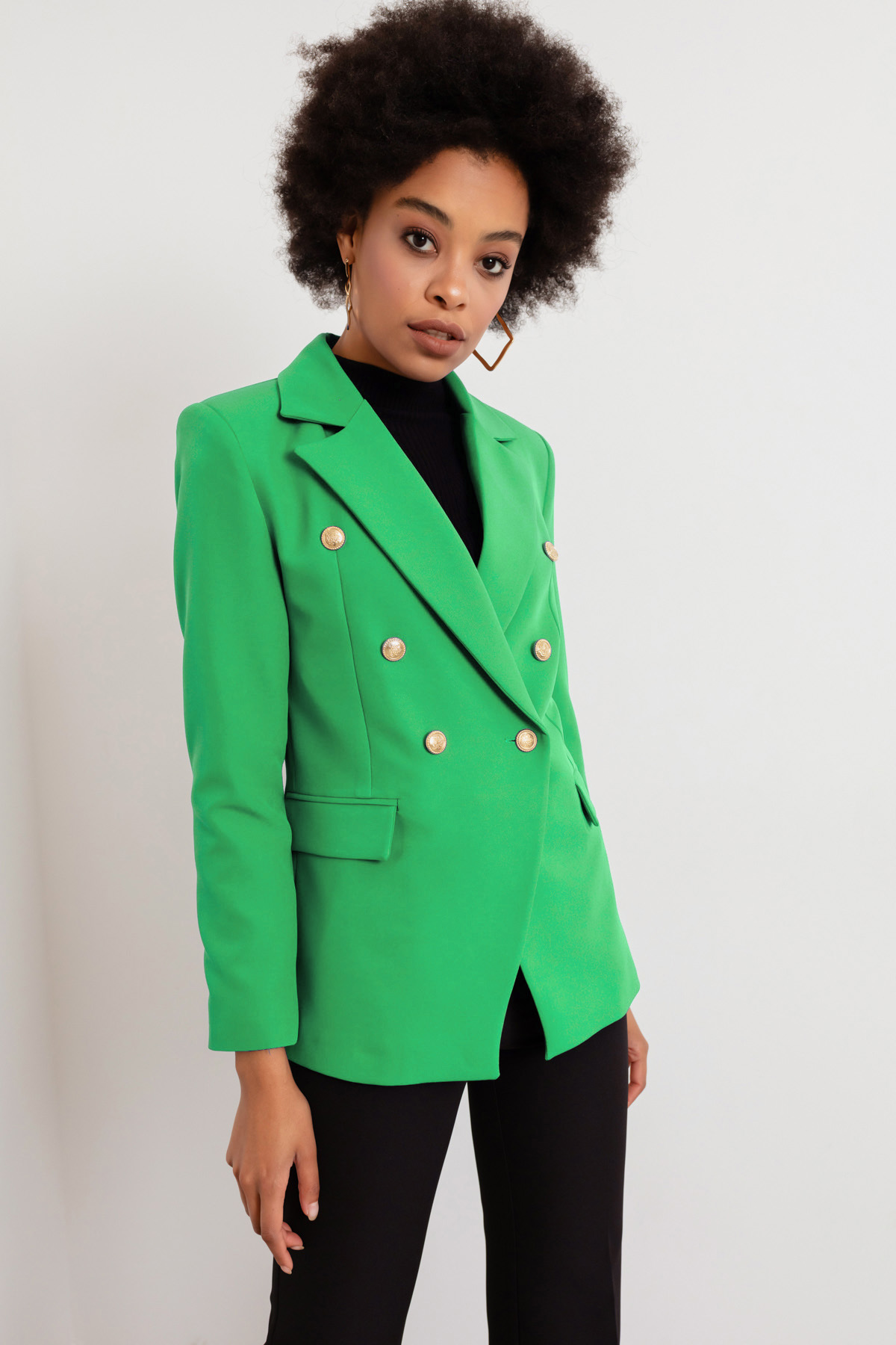 Women's Chalk Green Gold Buttoned Jacket - 22Y016647R85