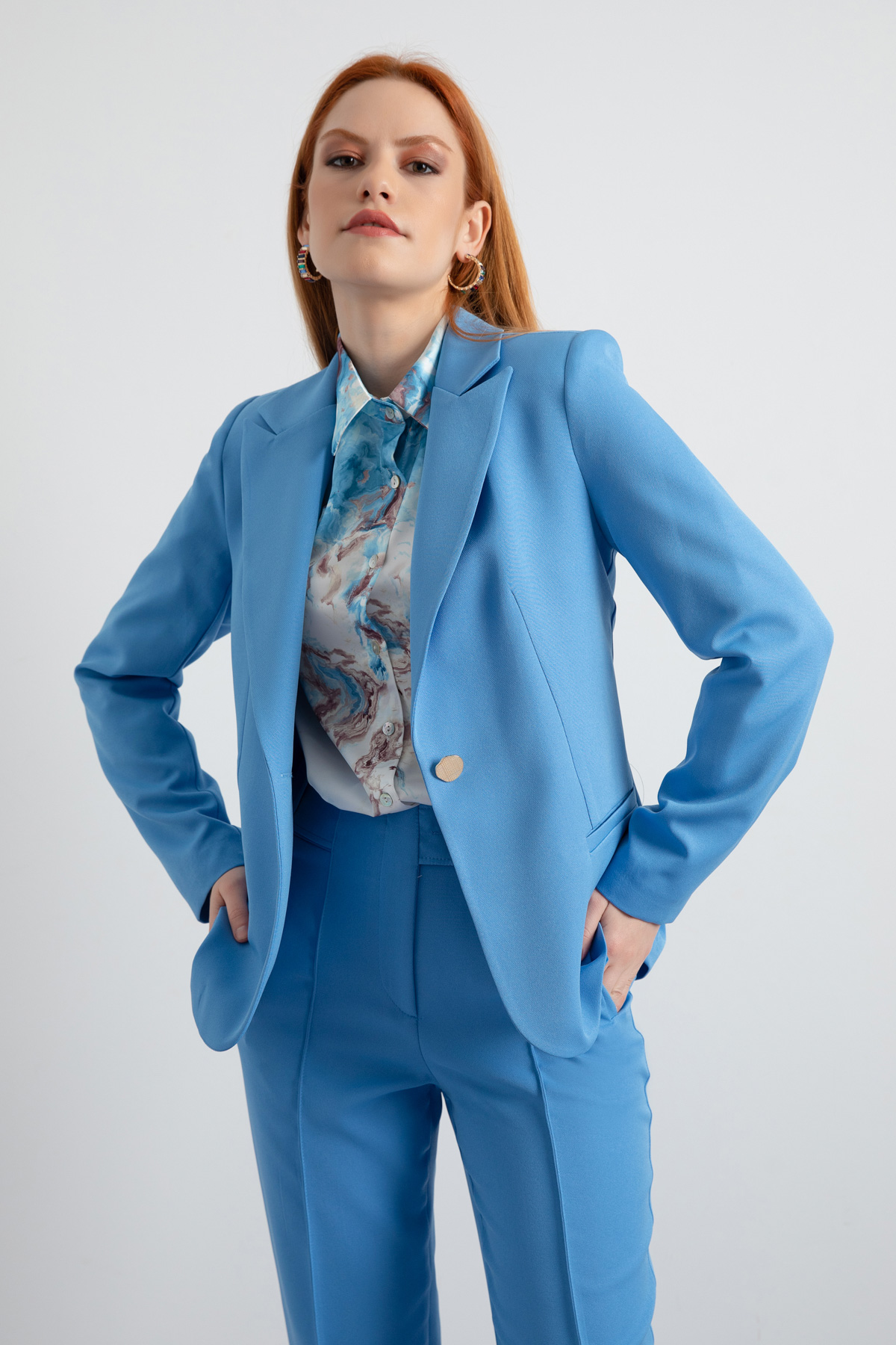 Women's Blue Single Button Jacket