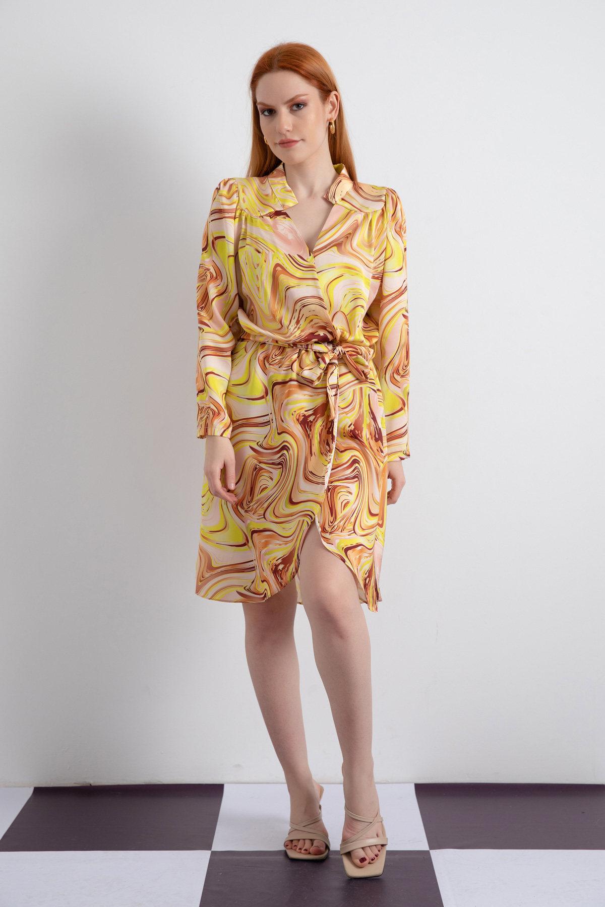 Women's Yellow Patterned Mini Dress