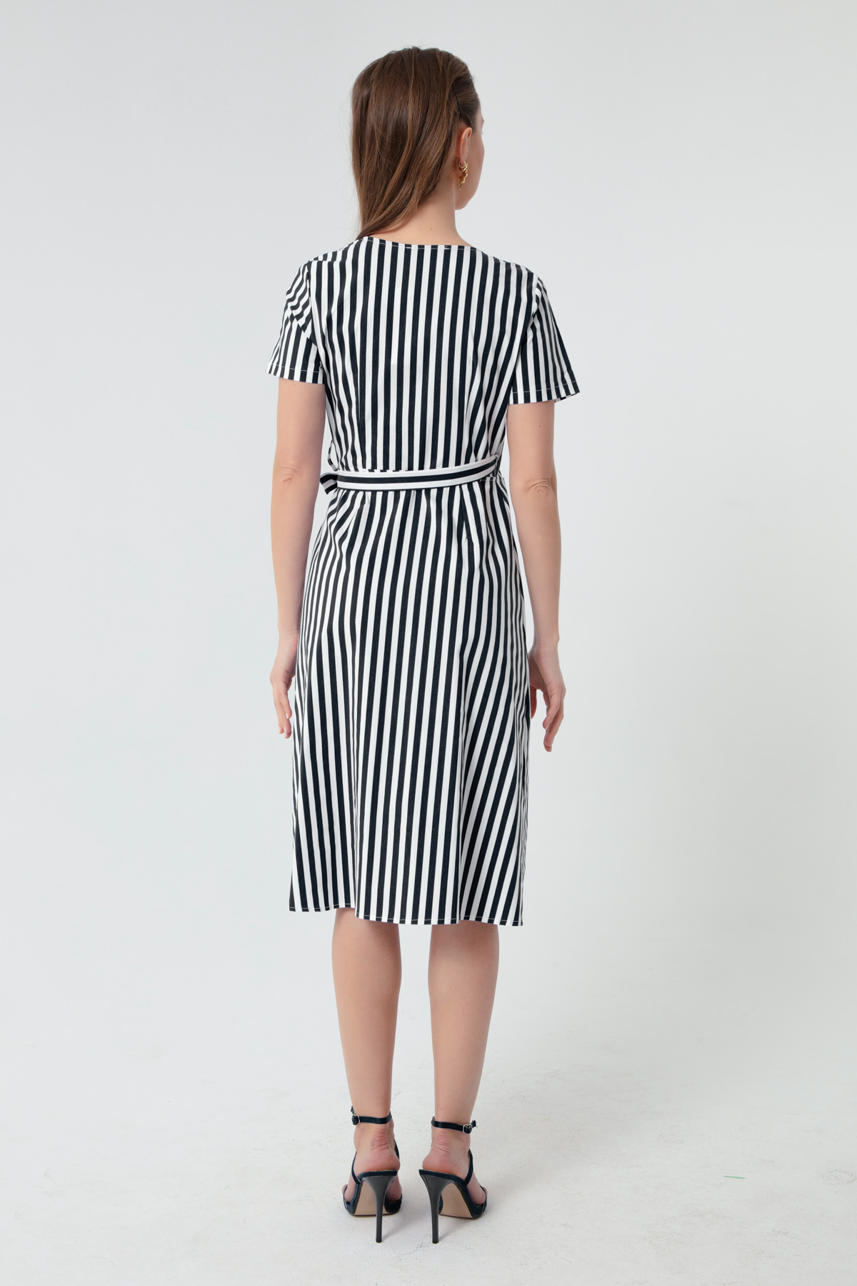Women's Black Double Breasted Collar Striped Dress