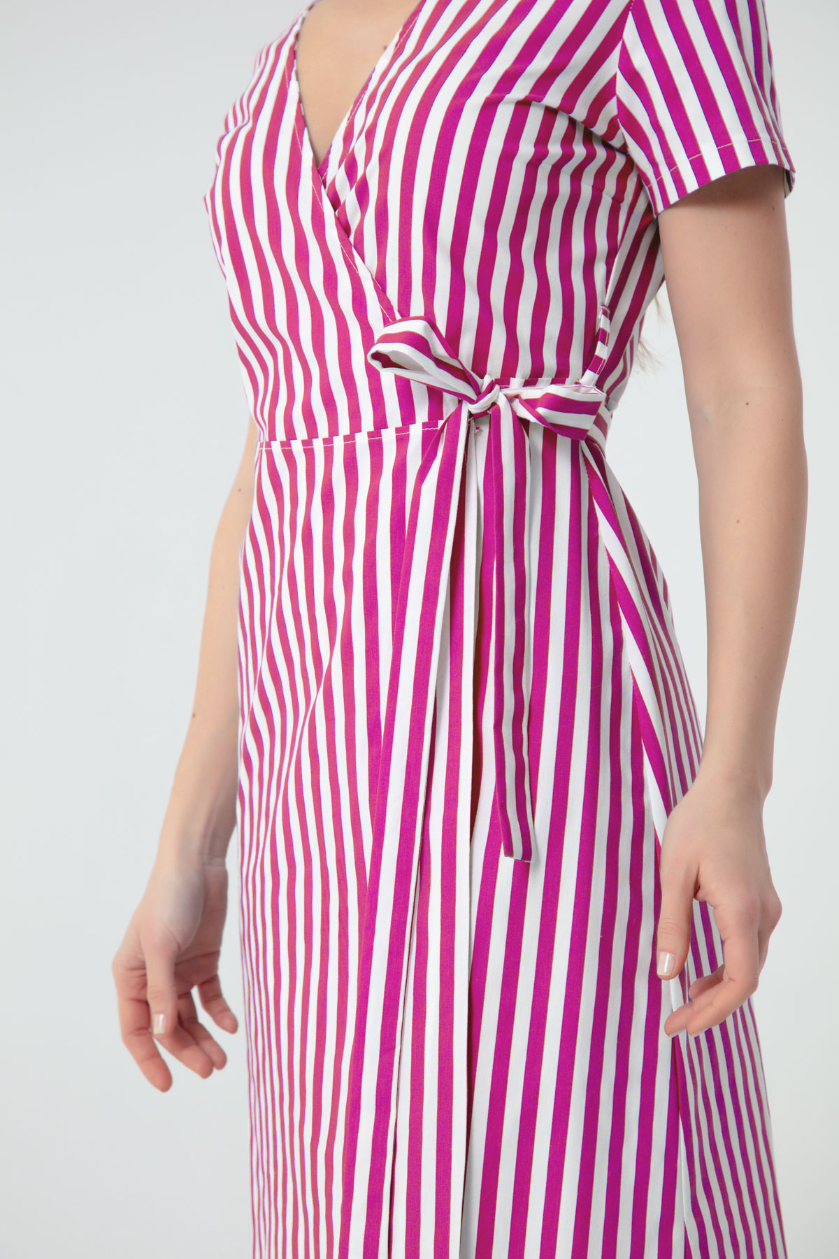 Women's Fuchsia Double Breasted Collar Striped Dress