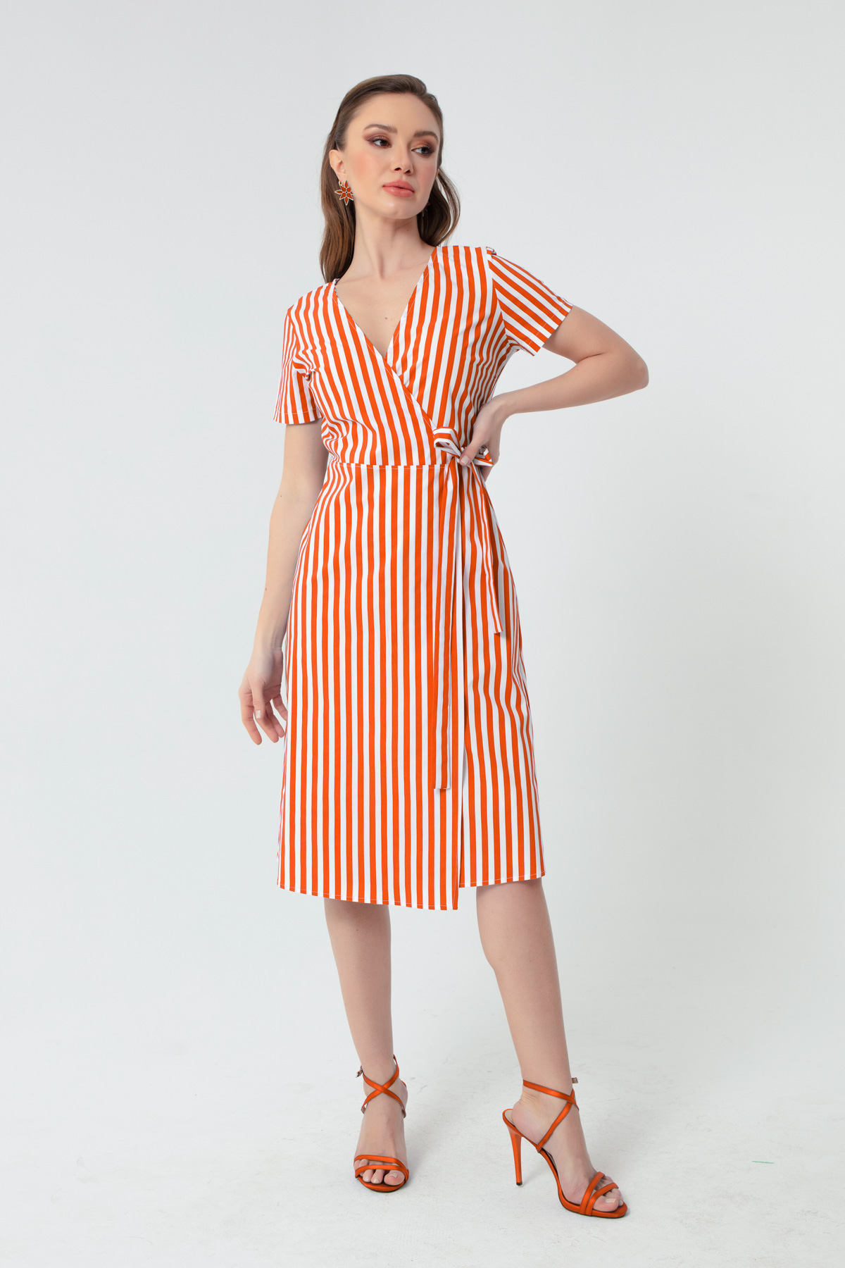 Women's Orange Double Breasted Collar Striped Dress