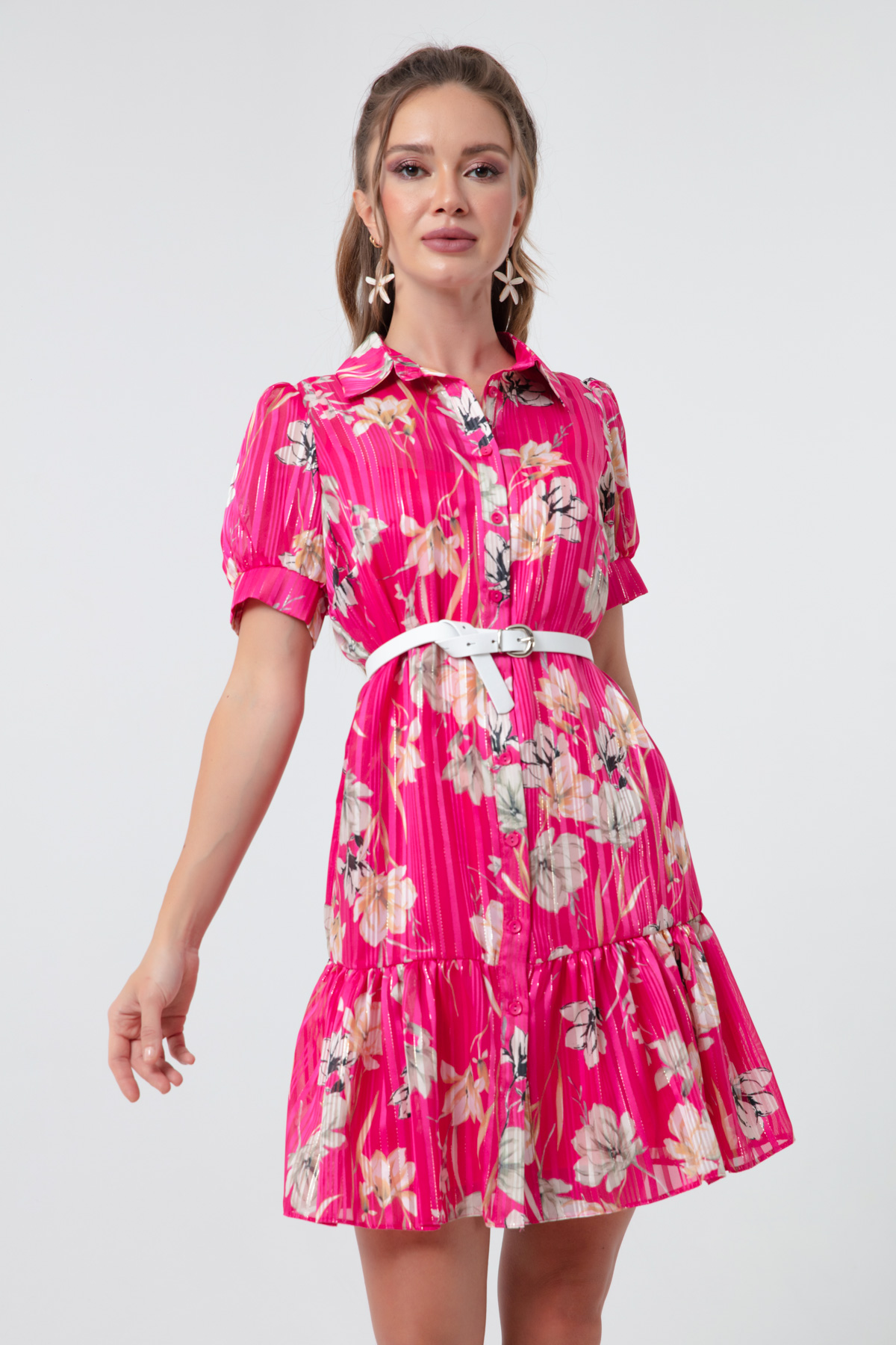 Women's Fuchsia Patterned Shirt Dress - 22Y012149R11