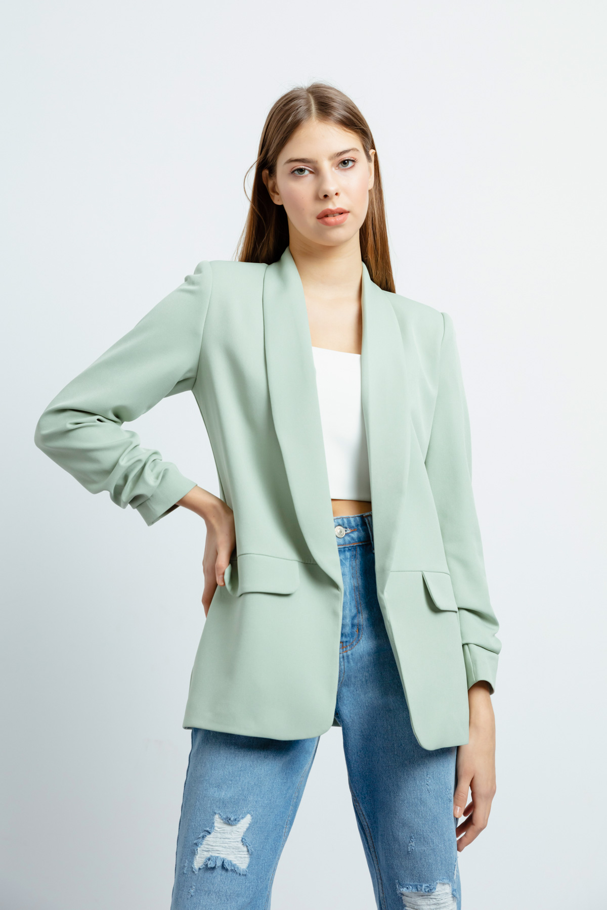 Women's Mint Green Pleated Sleeve Blazer Jacket - 22Y016676R19