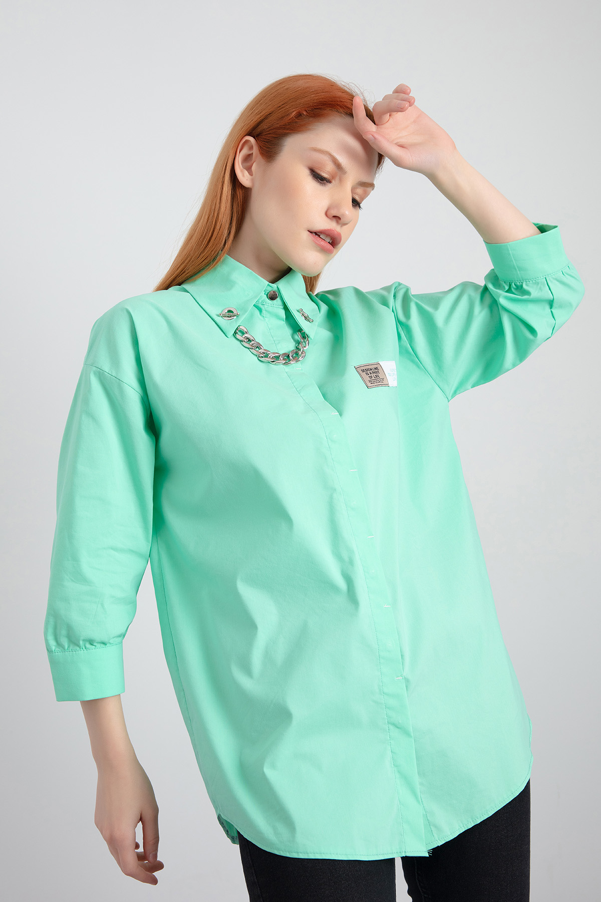 Women's Mint Green Collar Chain Detailed Shirt