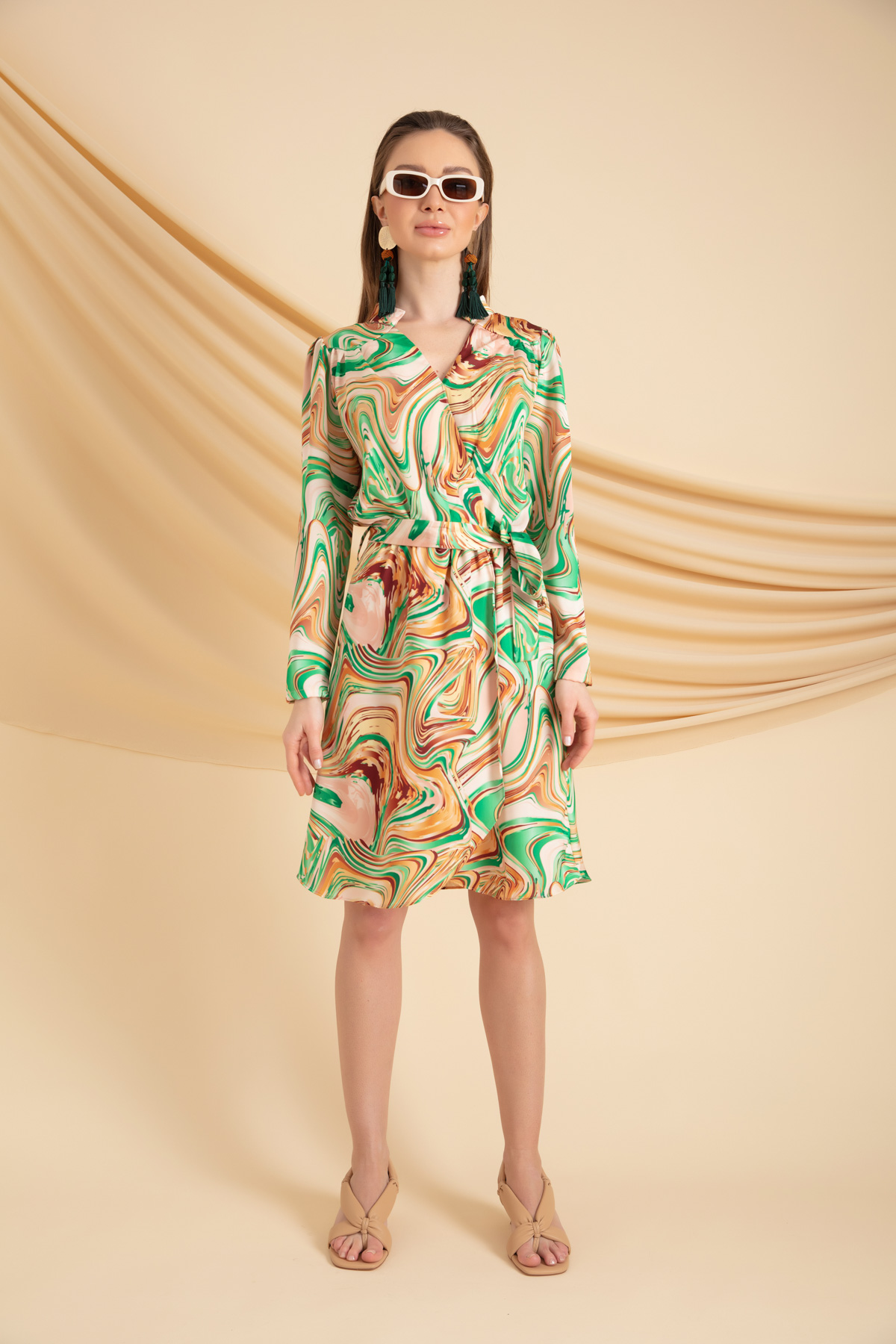 Women's Green Patterned Mini Dress