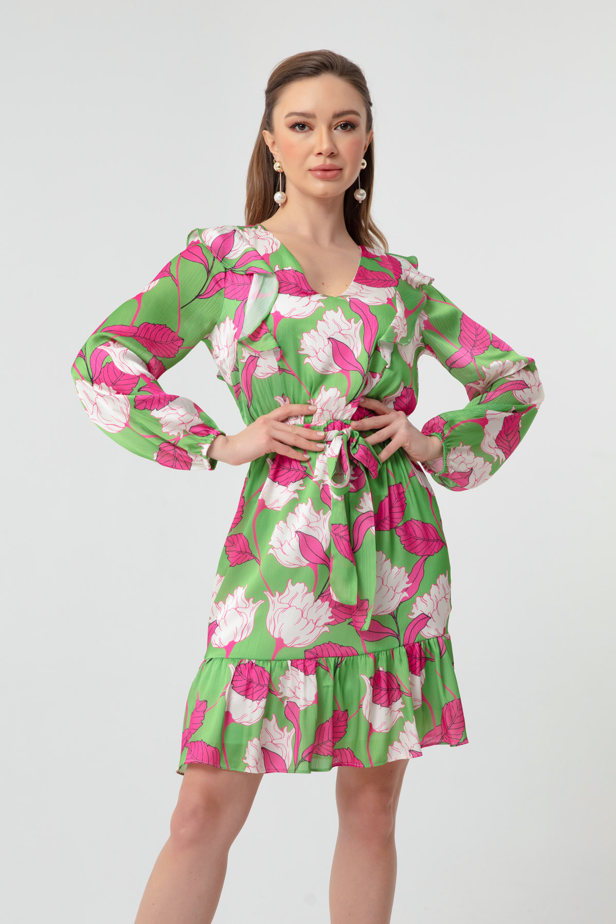 Women's Green Floral Pattern Mini Dress