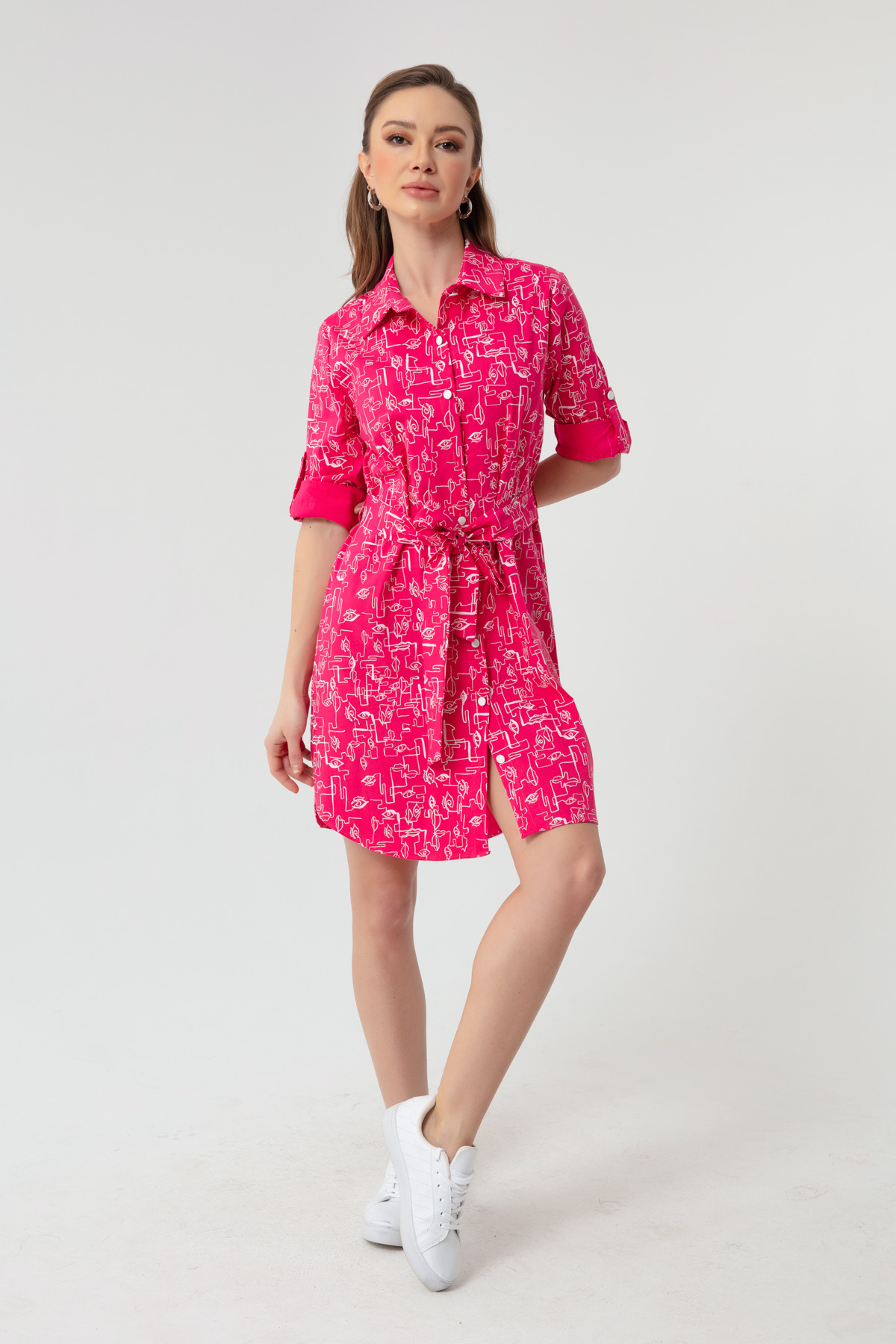Women's Fuchsia Patterned Shirt Dress