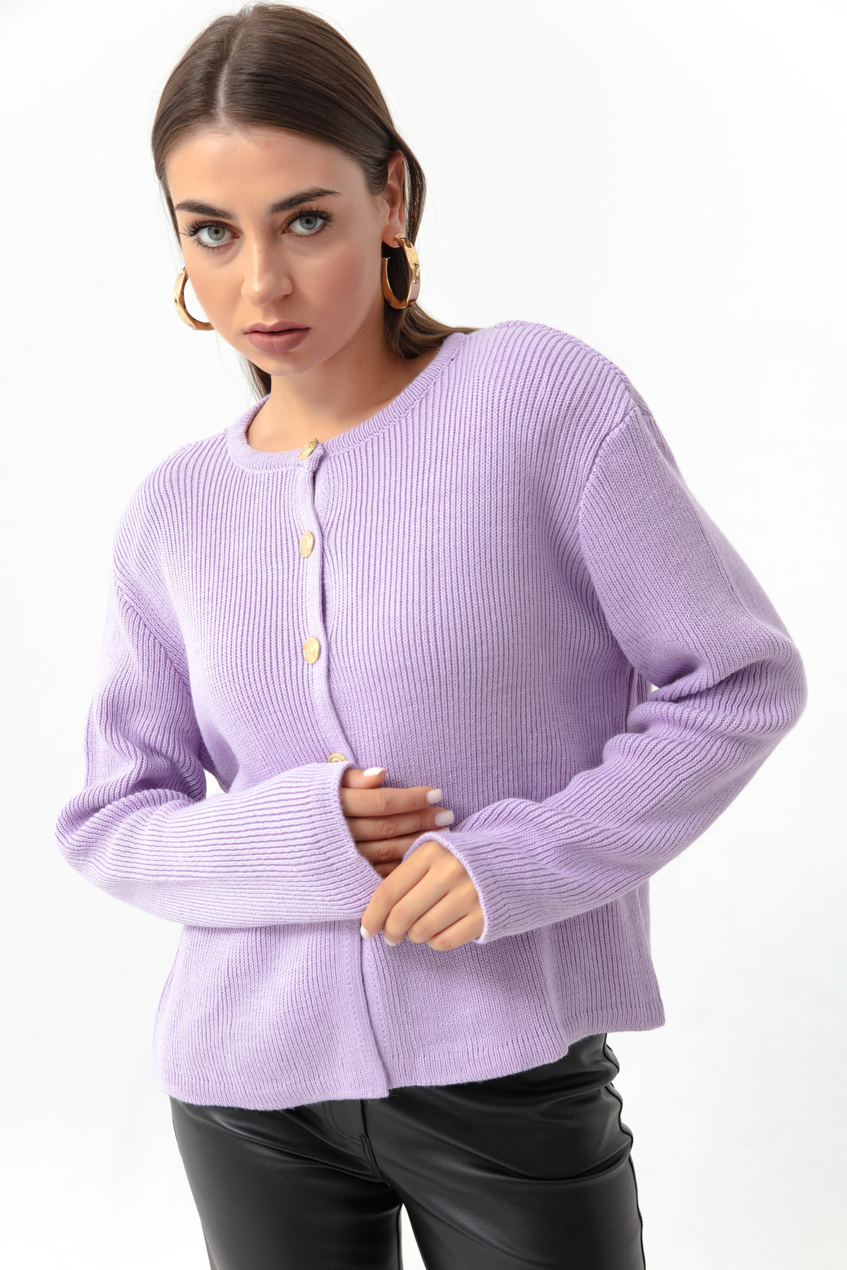 Women's Lilac Gold Buttoned Knitwear Cardigan