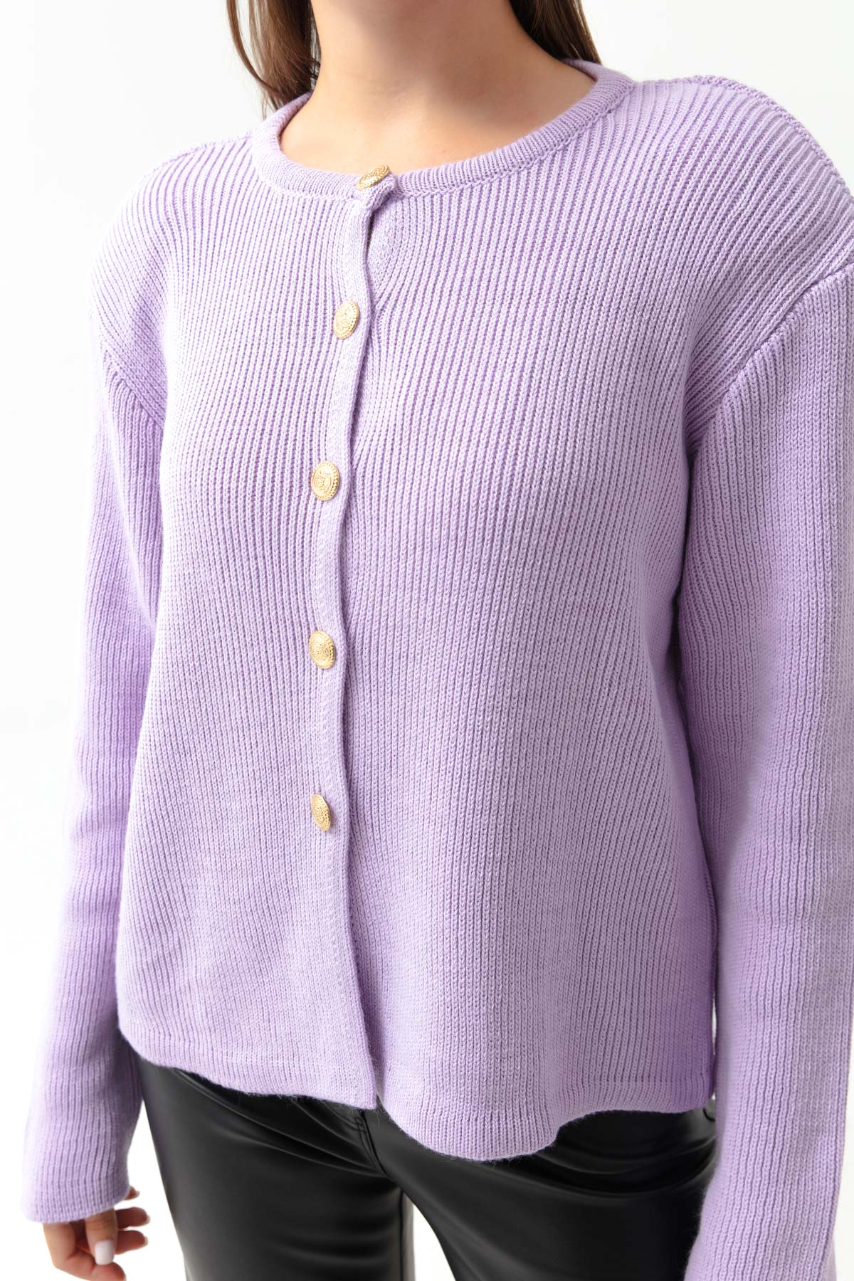 Women's Lilac Gold Buttoned Knitwear Cardigan
