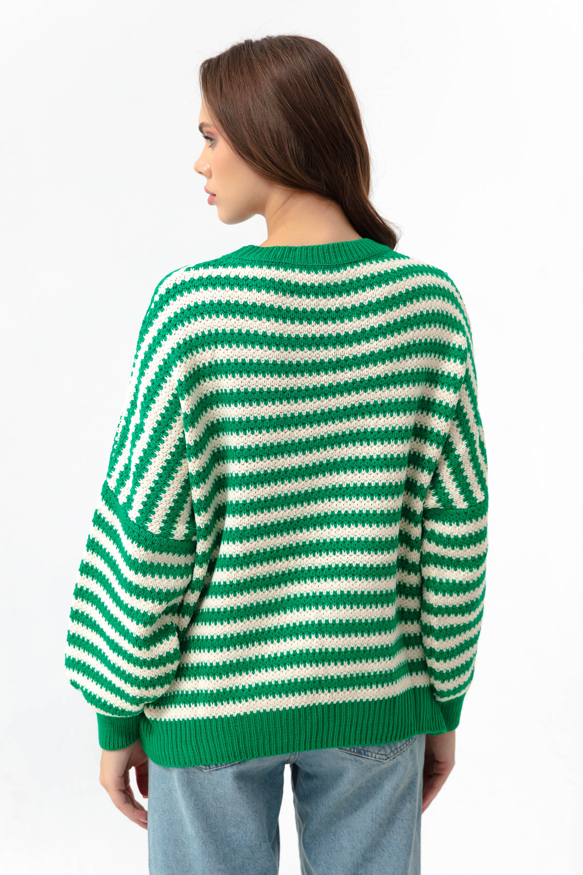 Women's Green Striped Knitwear Sweater