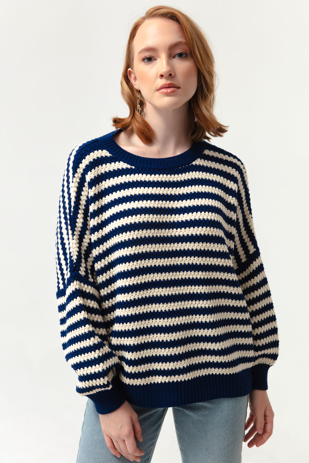 Women's Navy Blue Striped Knitwear Sweater