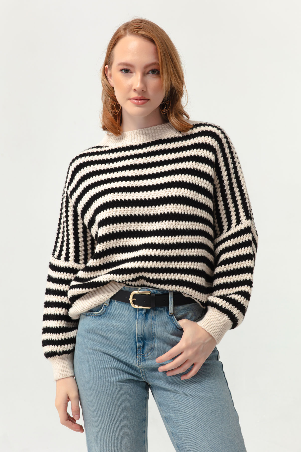 Women's Ecru Striped Knitwear Sweater