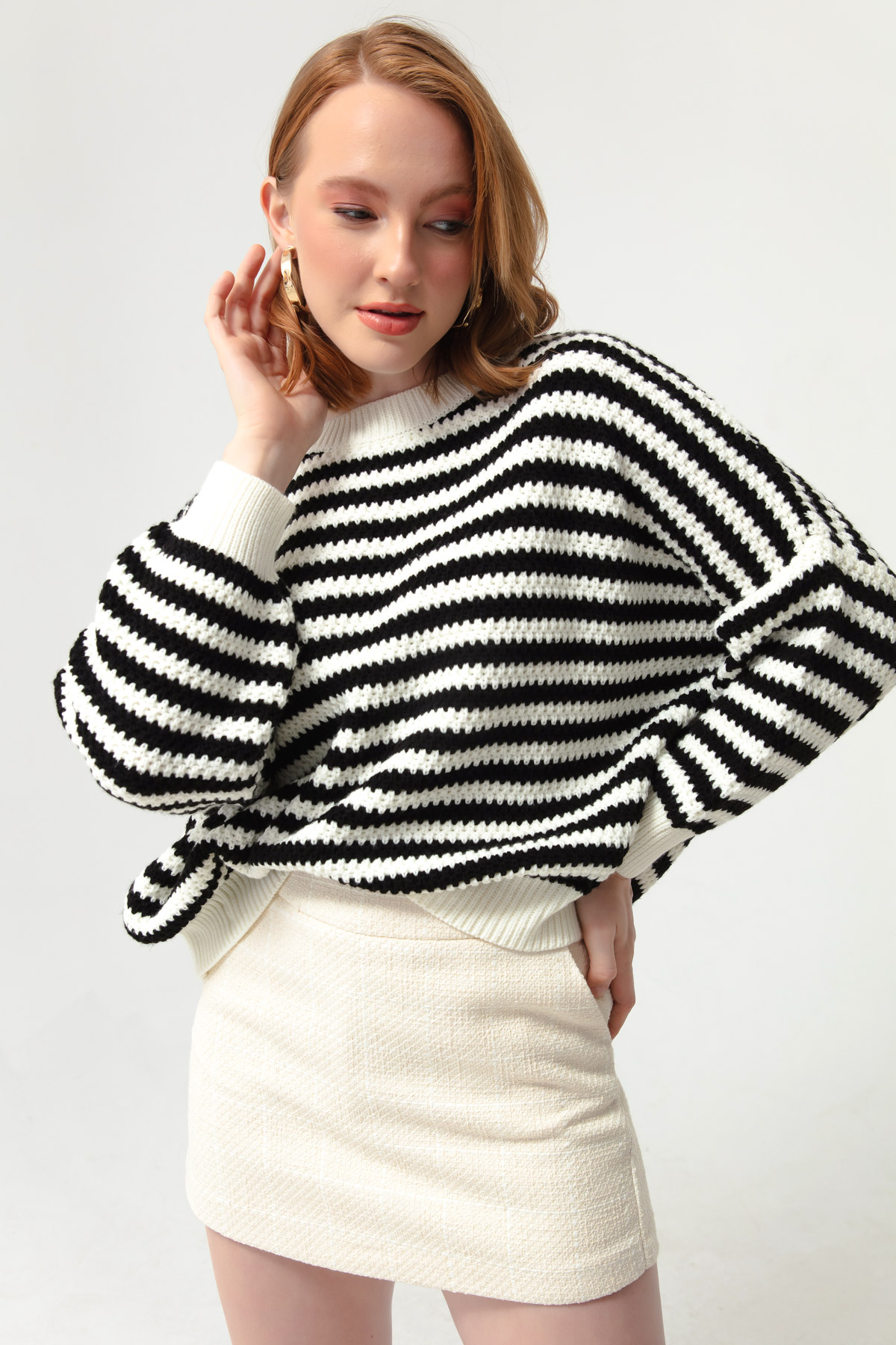 Women's Black-White Striped Knitwear Sweater