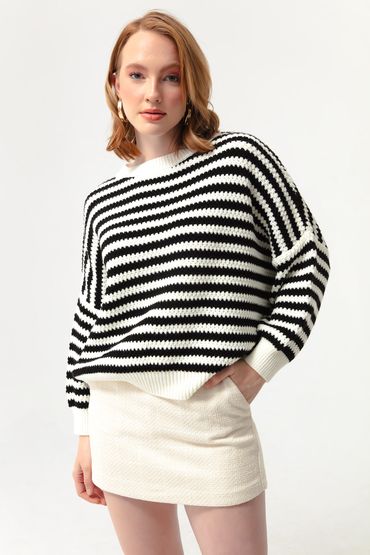 Women's Black-White Striped Knitwear Sweater