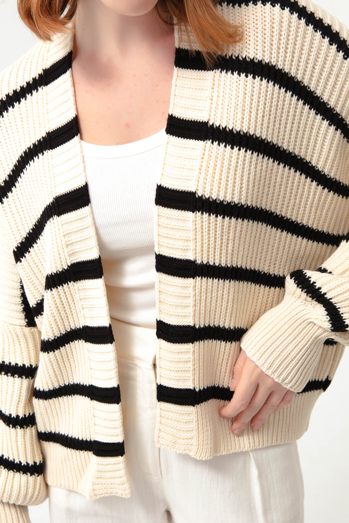 Women's Beige Striped Knitwear Cardigan