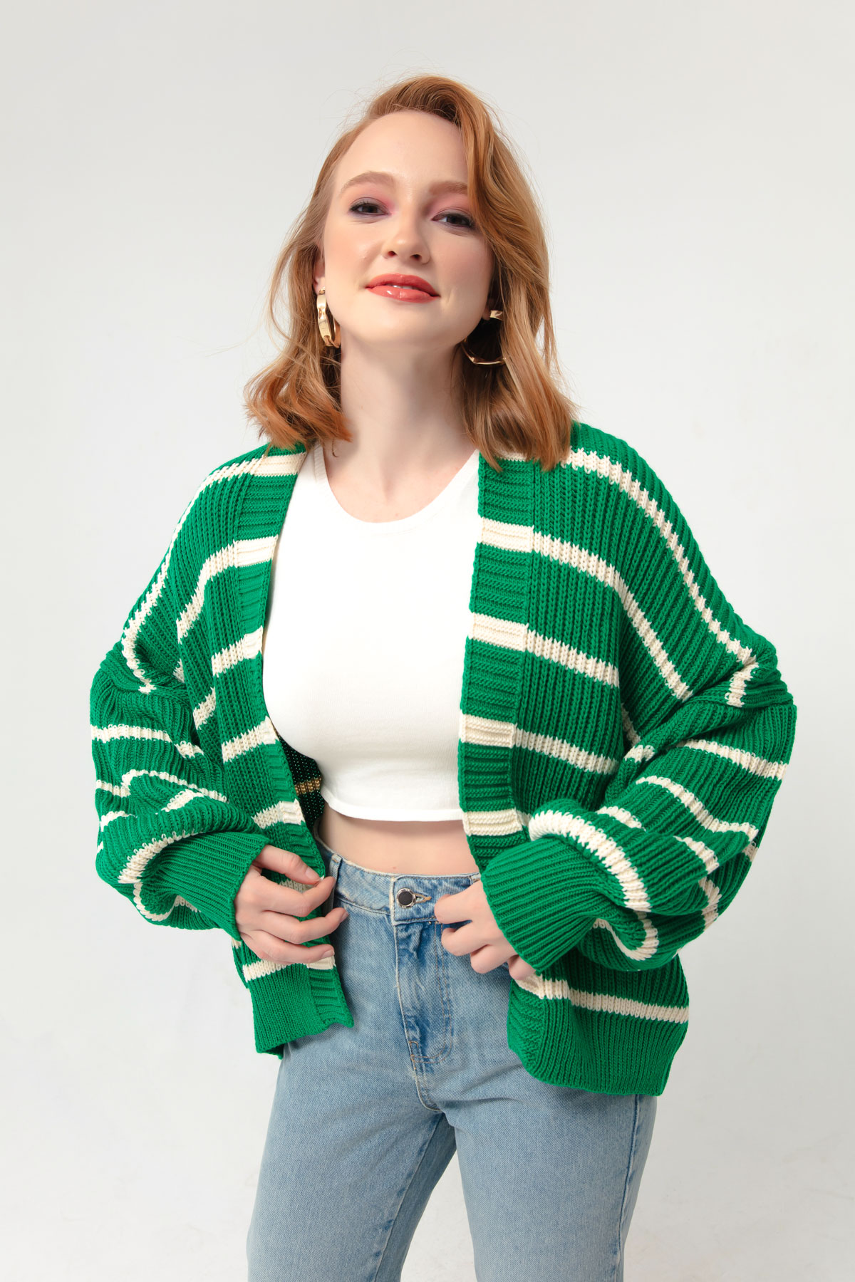 Women's Green Striped Knitwear Cardigan