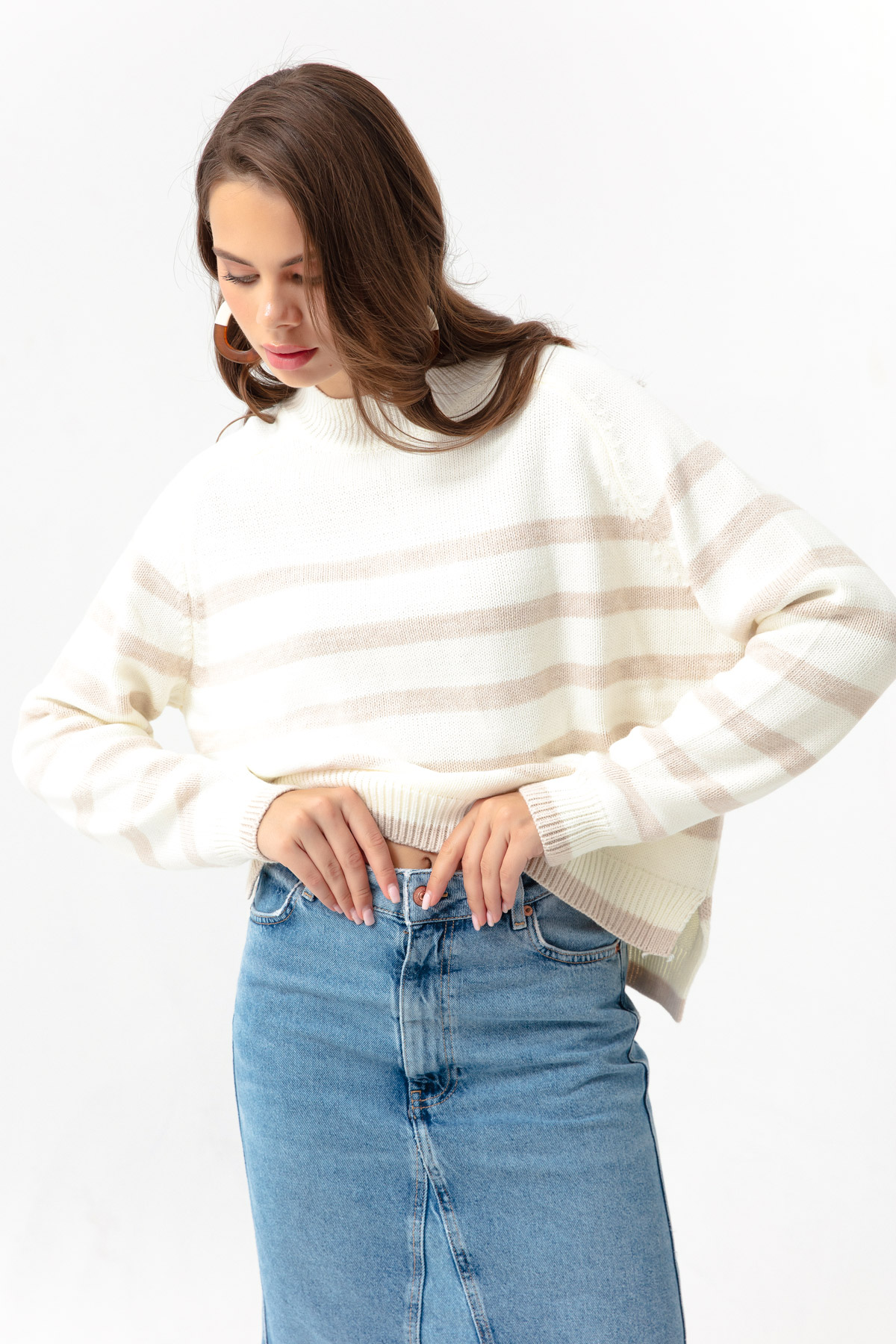 Women's Beige Striped Knitwear Sweater