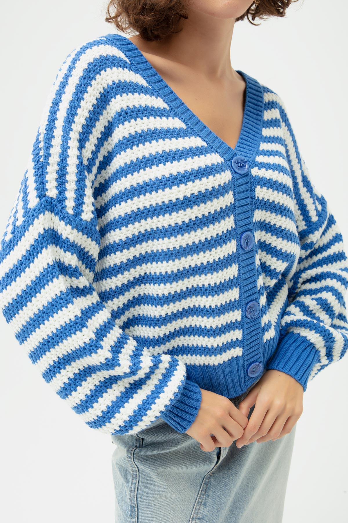Women's Blue Striped Knitwear Cardigan