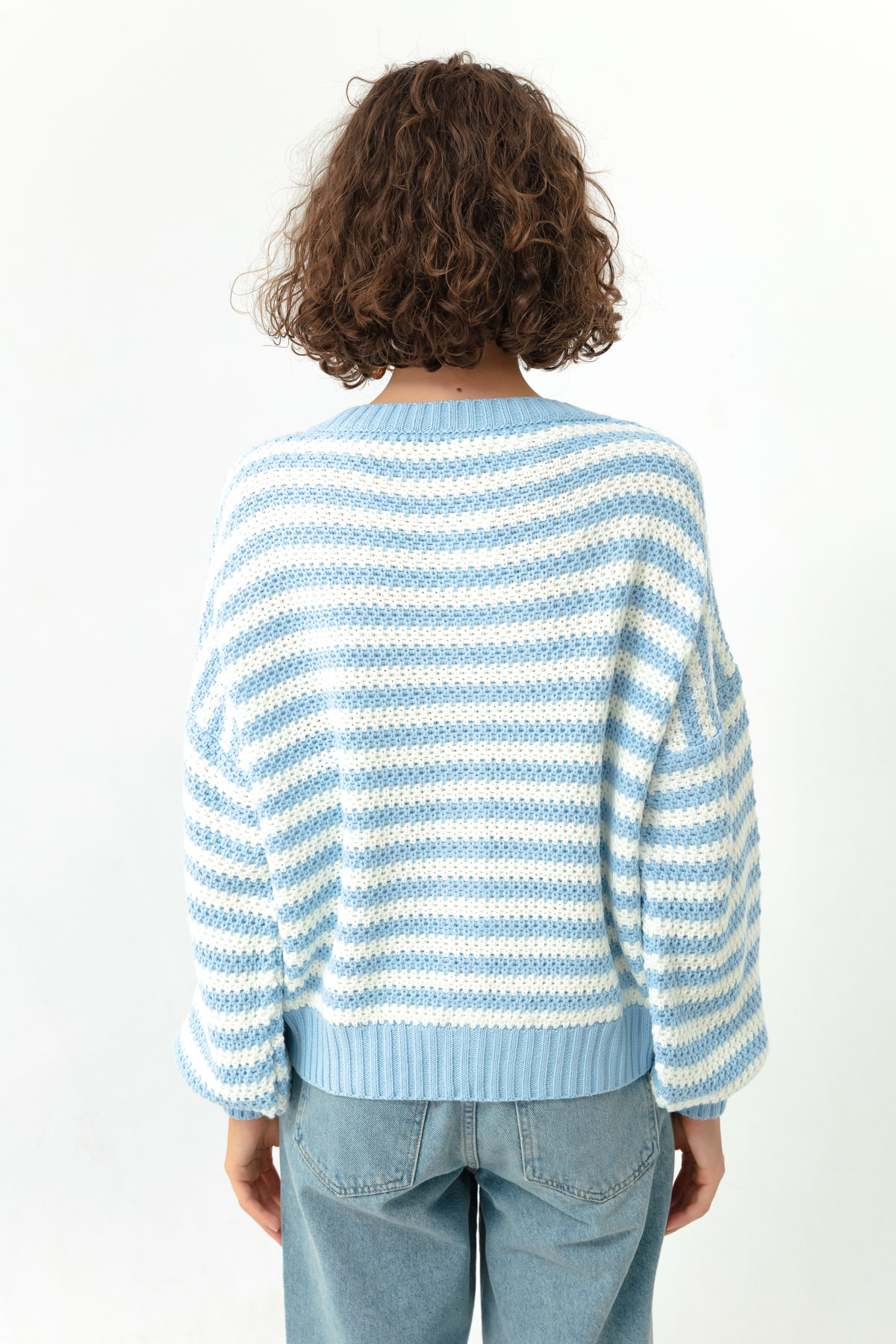 Women's Baby Blue Striped Knitwear Cardigan