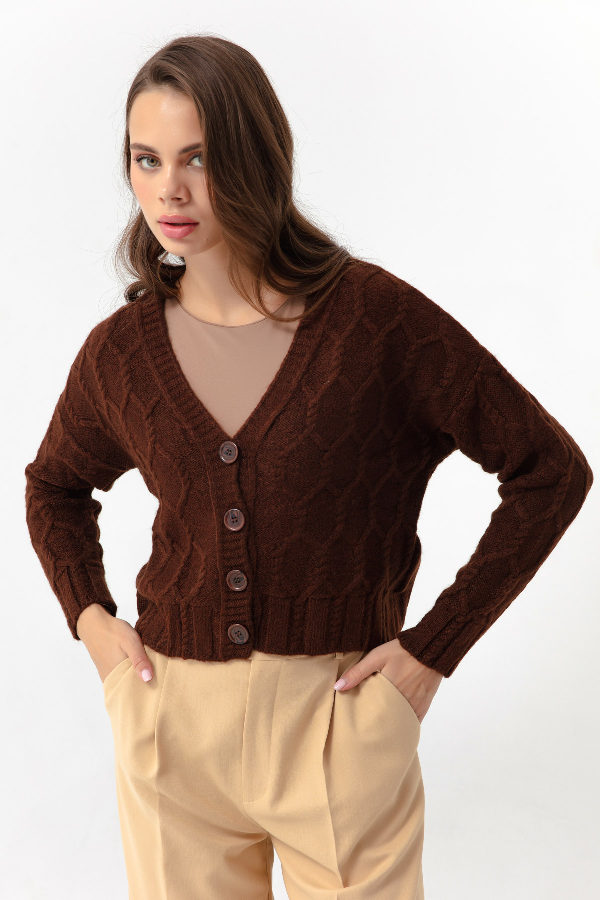 Women's Brown Buttoned Knitwear Cardigan